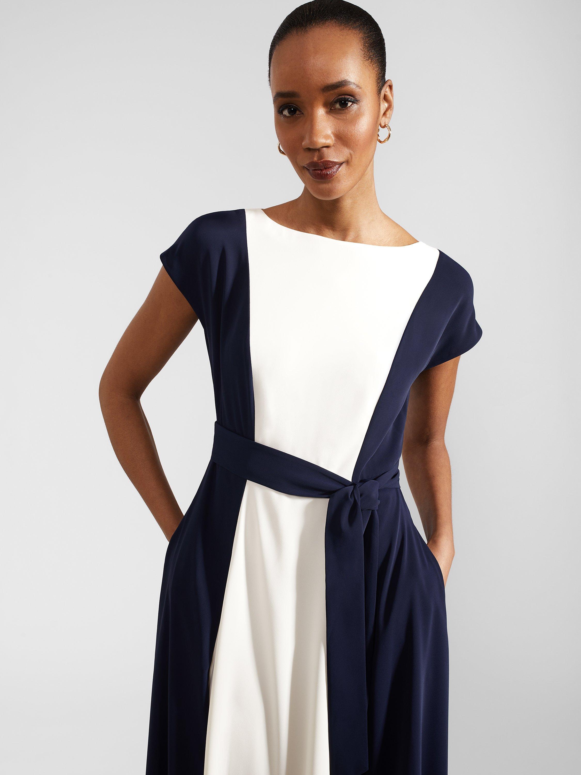 Product image 3 of 4, which shows Hobbs Emery Midi Dress, Navy/Cream, 6