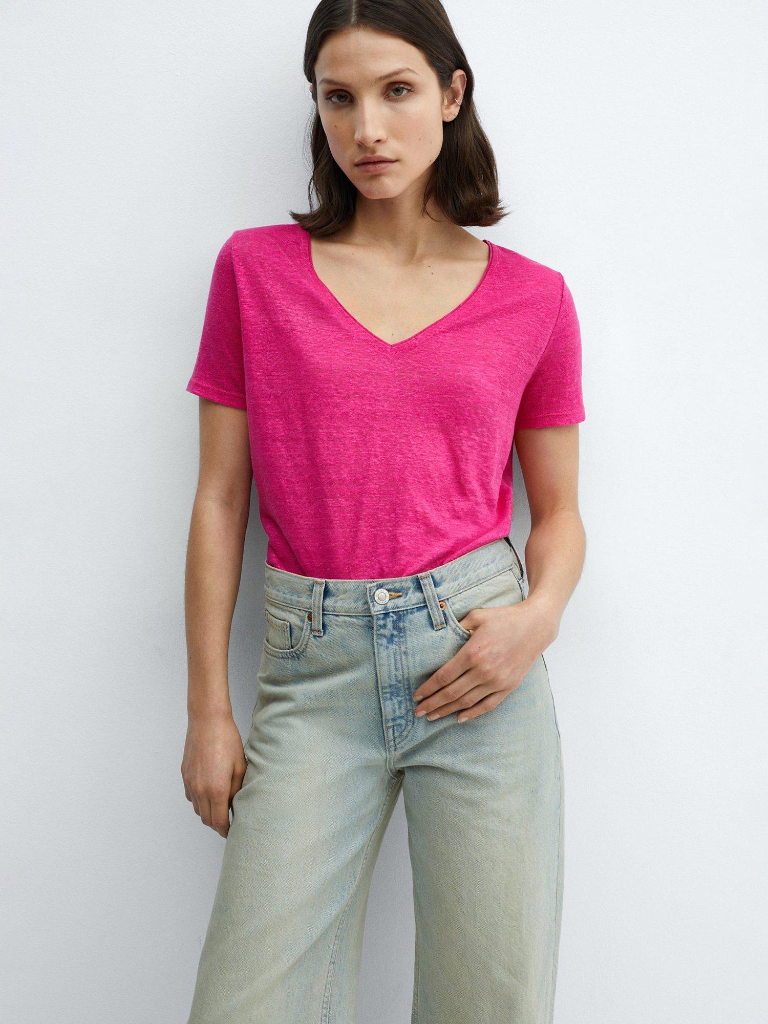 Product image 1 of 6, which shows Mango Linito Linen V-Neck T-Shirt, Bright Pink, XXS