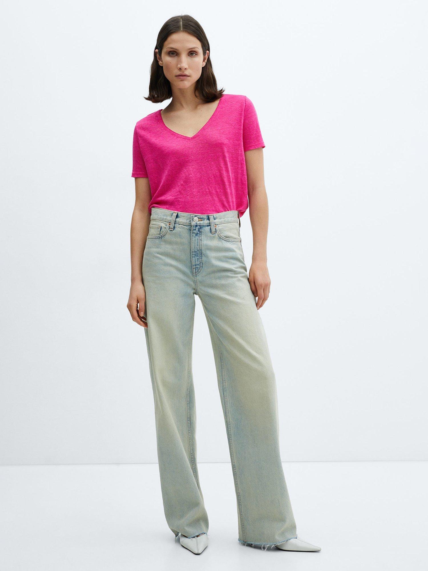 Product image 2 of 6, which shows Mango Linito Linen V-Neck T-Shirt, Bright Pink, XXS