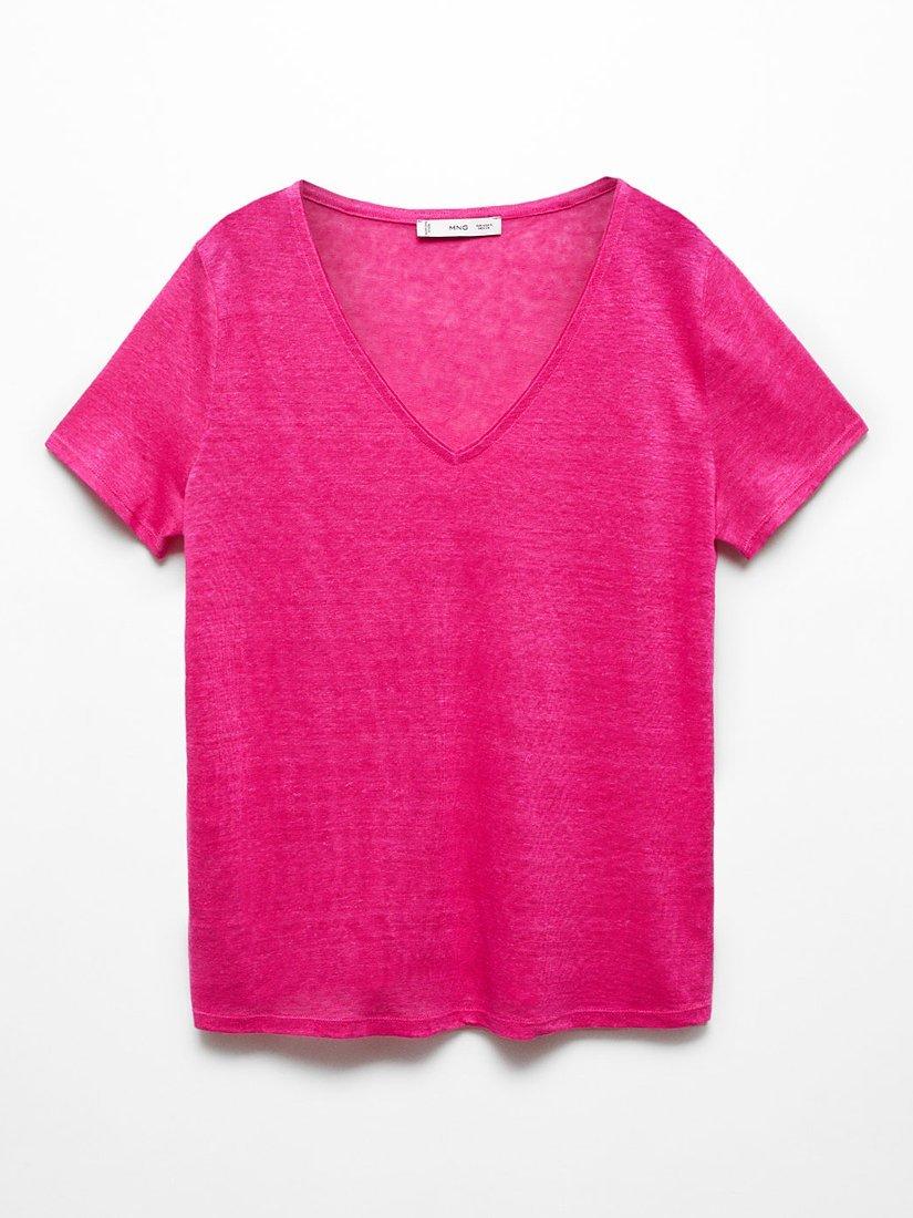 Product image 3 of 6, which shows Mango Linito Linen V-Neck T-Shirt, Bright Pink, XXS