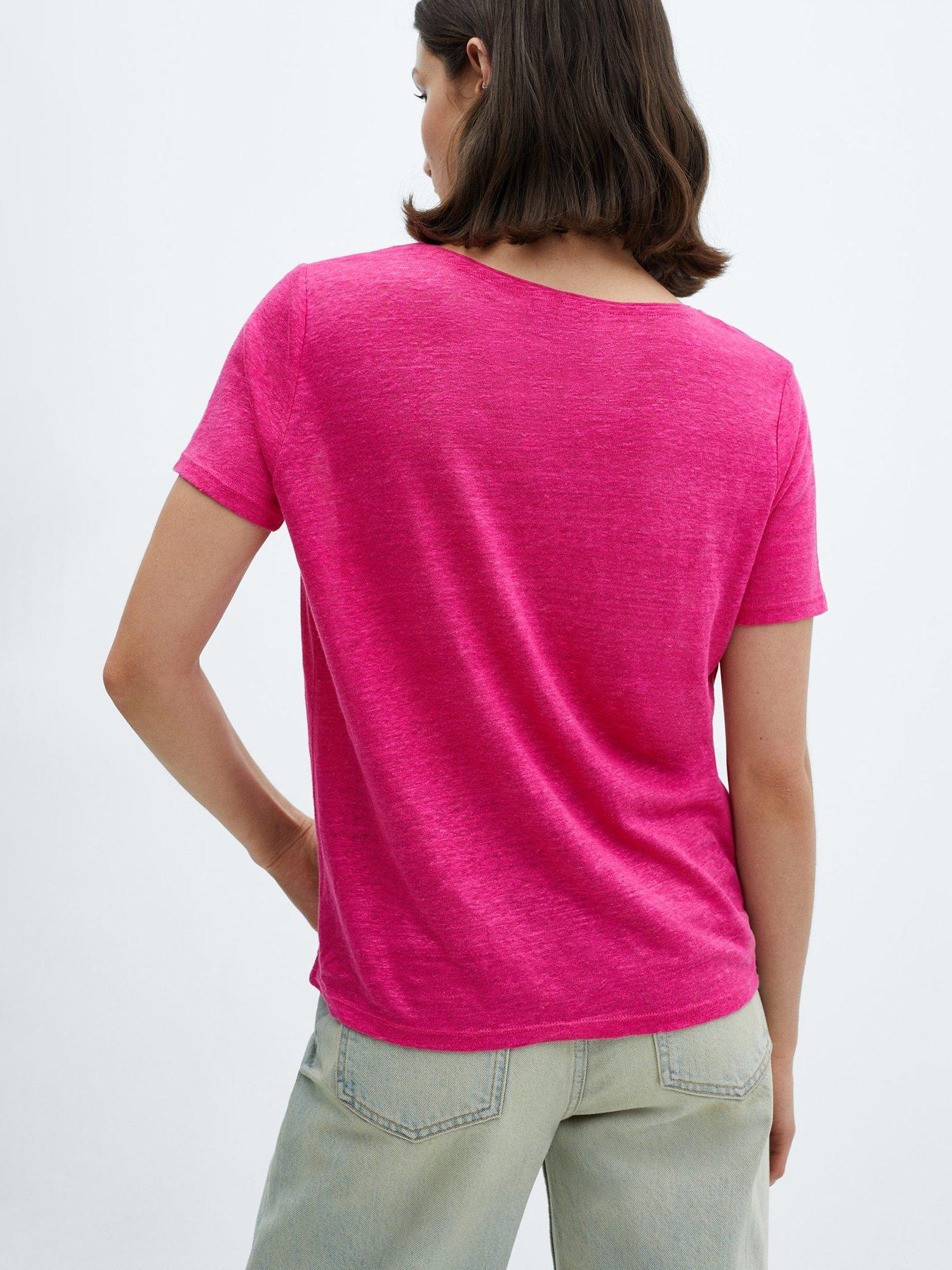 Product image 4 of 6, which shows Mango Linito Linen V-Neck T-Shirt, Bright Pink, XXS