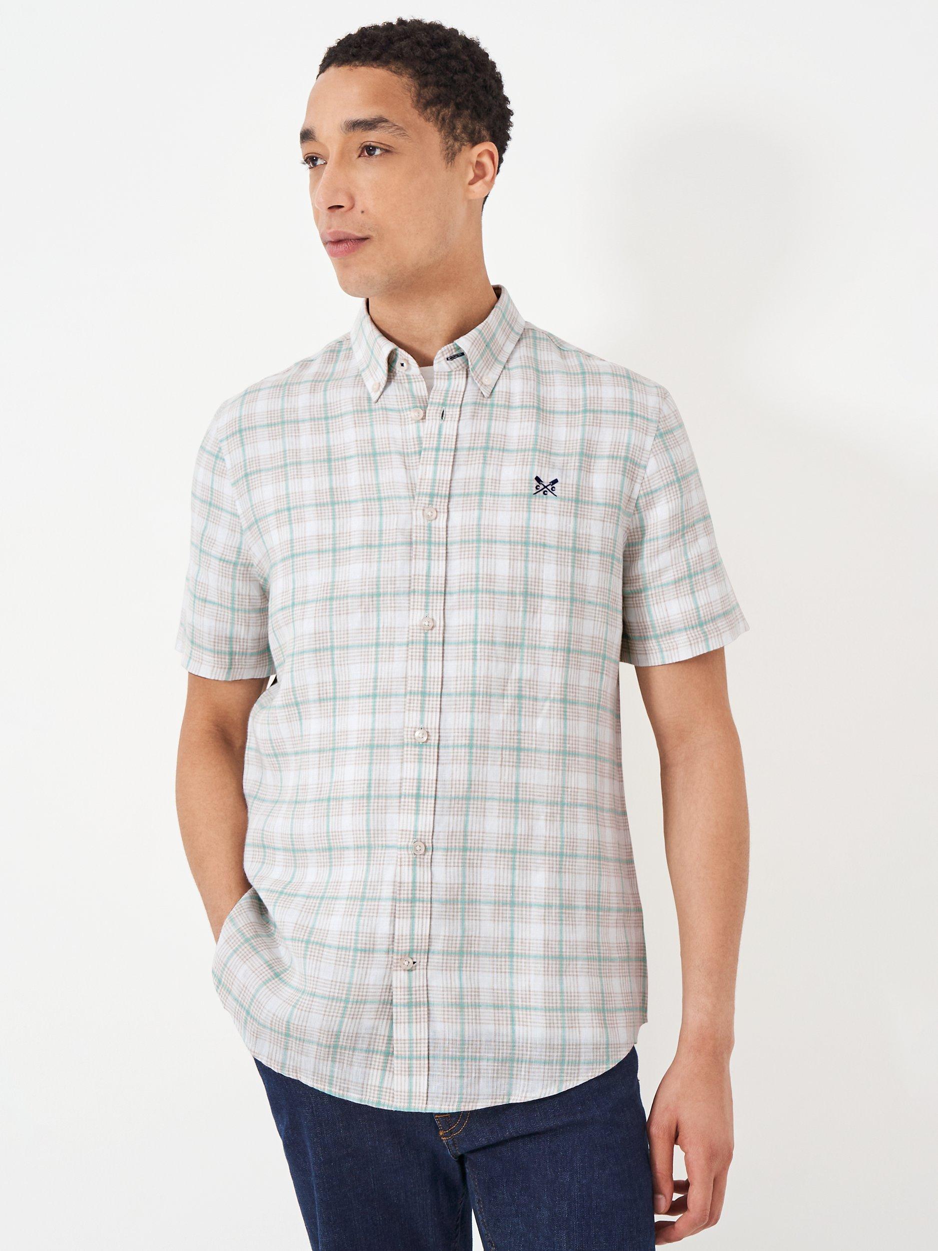 Crew Clothing Short Sleeve Linen Check Shirt, Stone/Multi