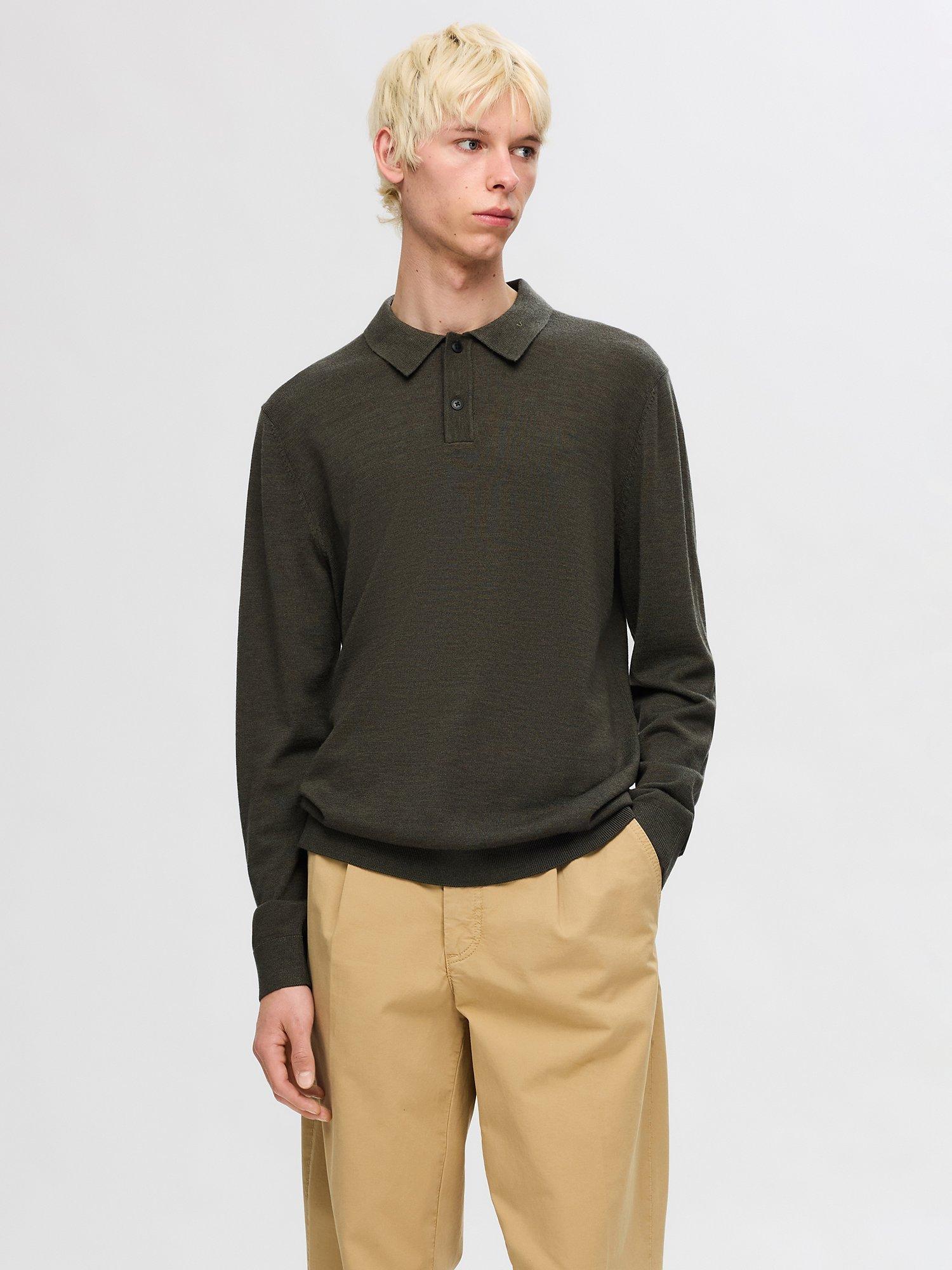 Selected Polo Collar Merino Wool Knit Jumper, Forest Night