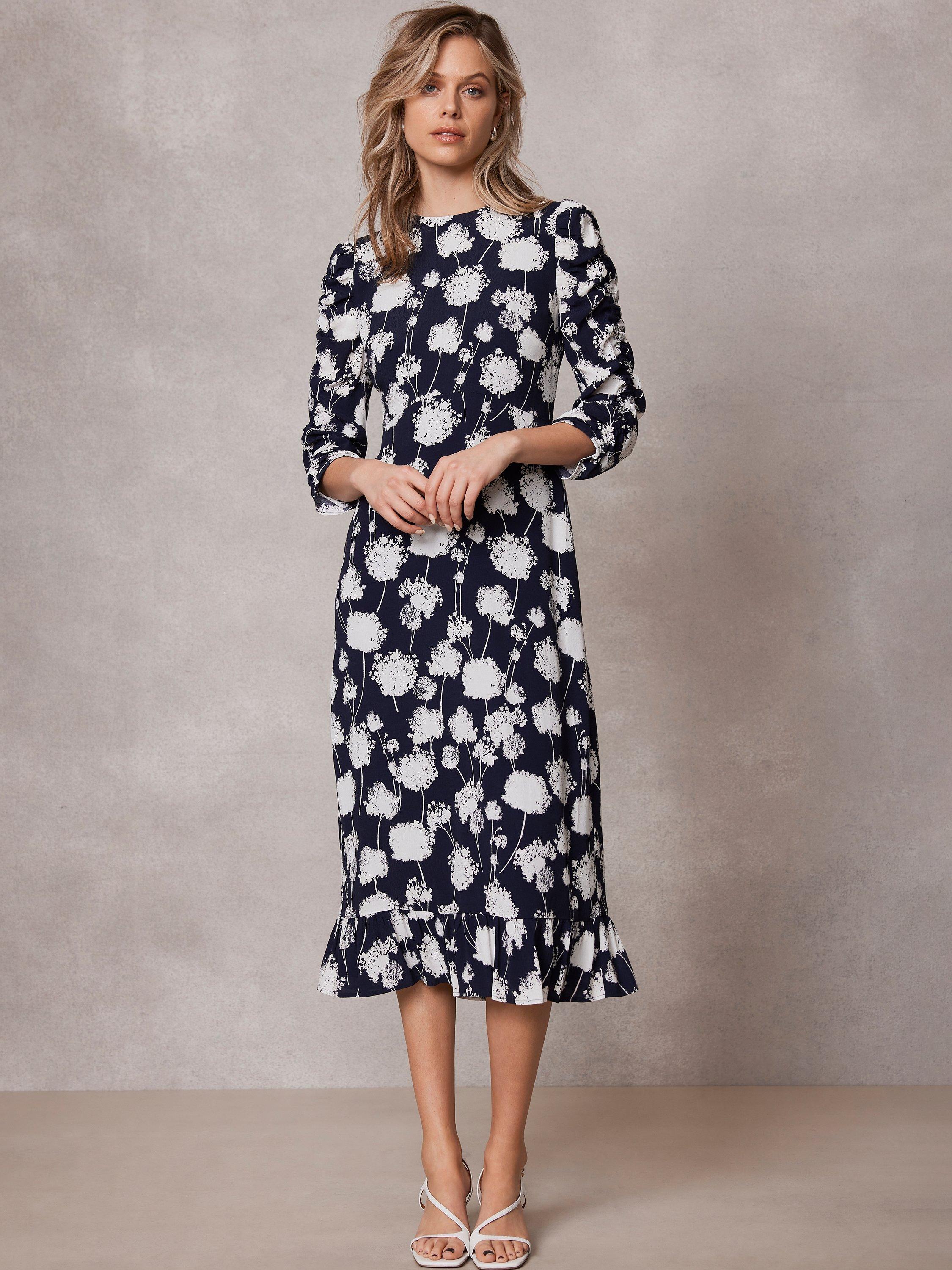 Mint Velvet Floral Print Ruffle Hem Midi Dress Navy White