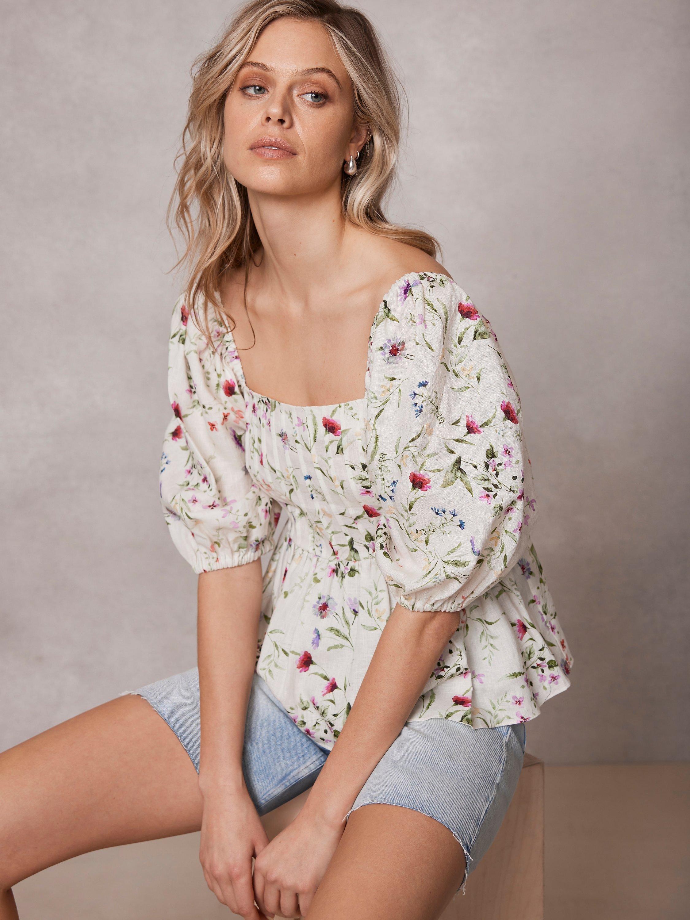Mint Velvet Floral Print Linen Top Natural Multi