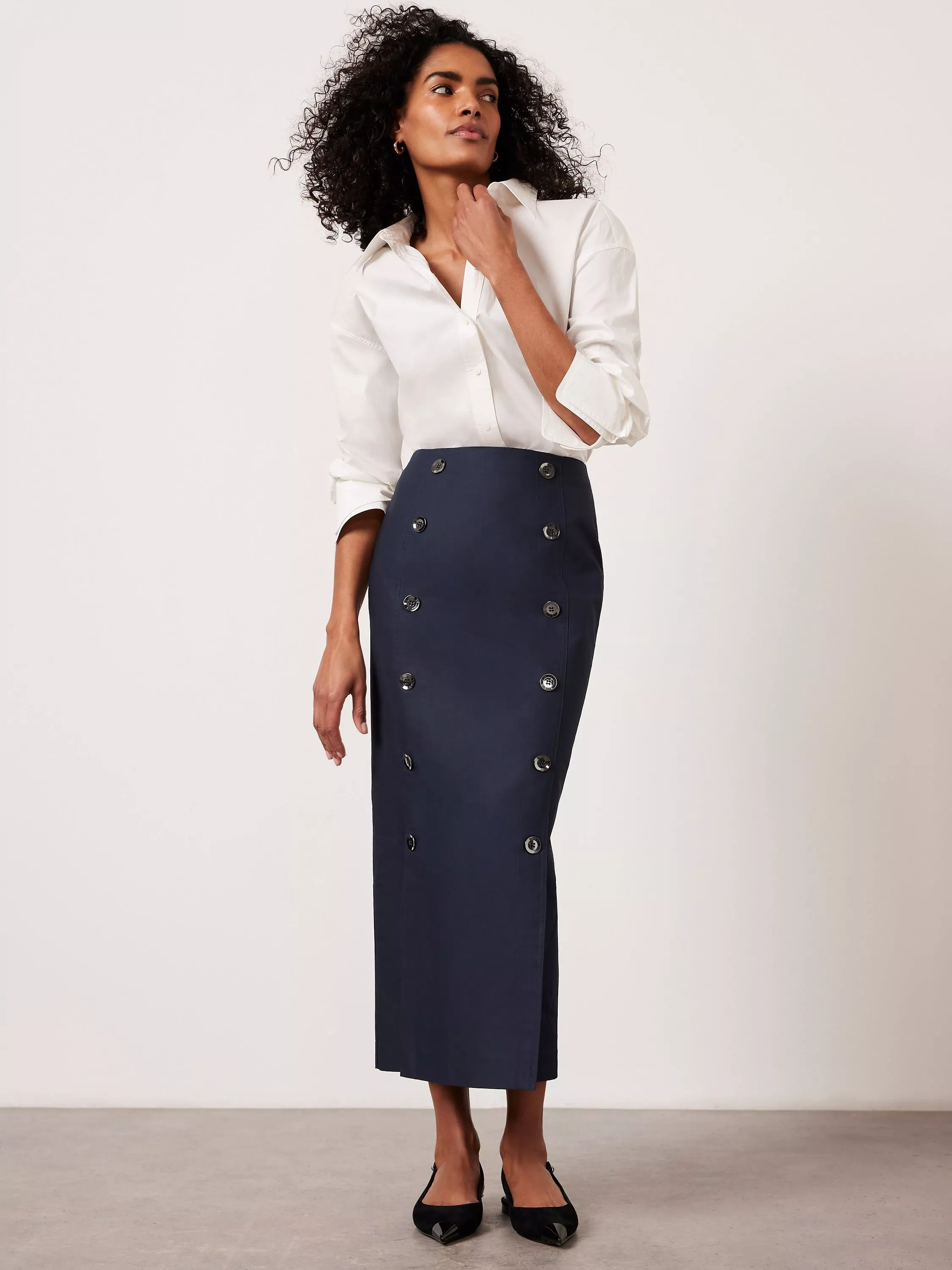 Mint Velvet Button Detail Maxi Skirt Navy