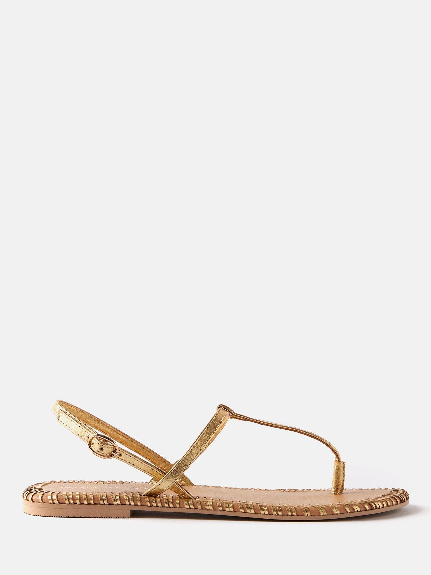 Mint Velvet Whipstitch T-Bar Leather Sandals, Gold
