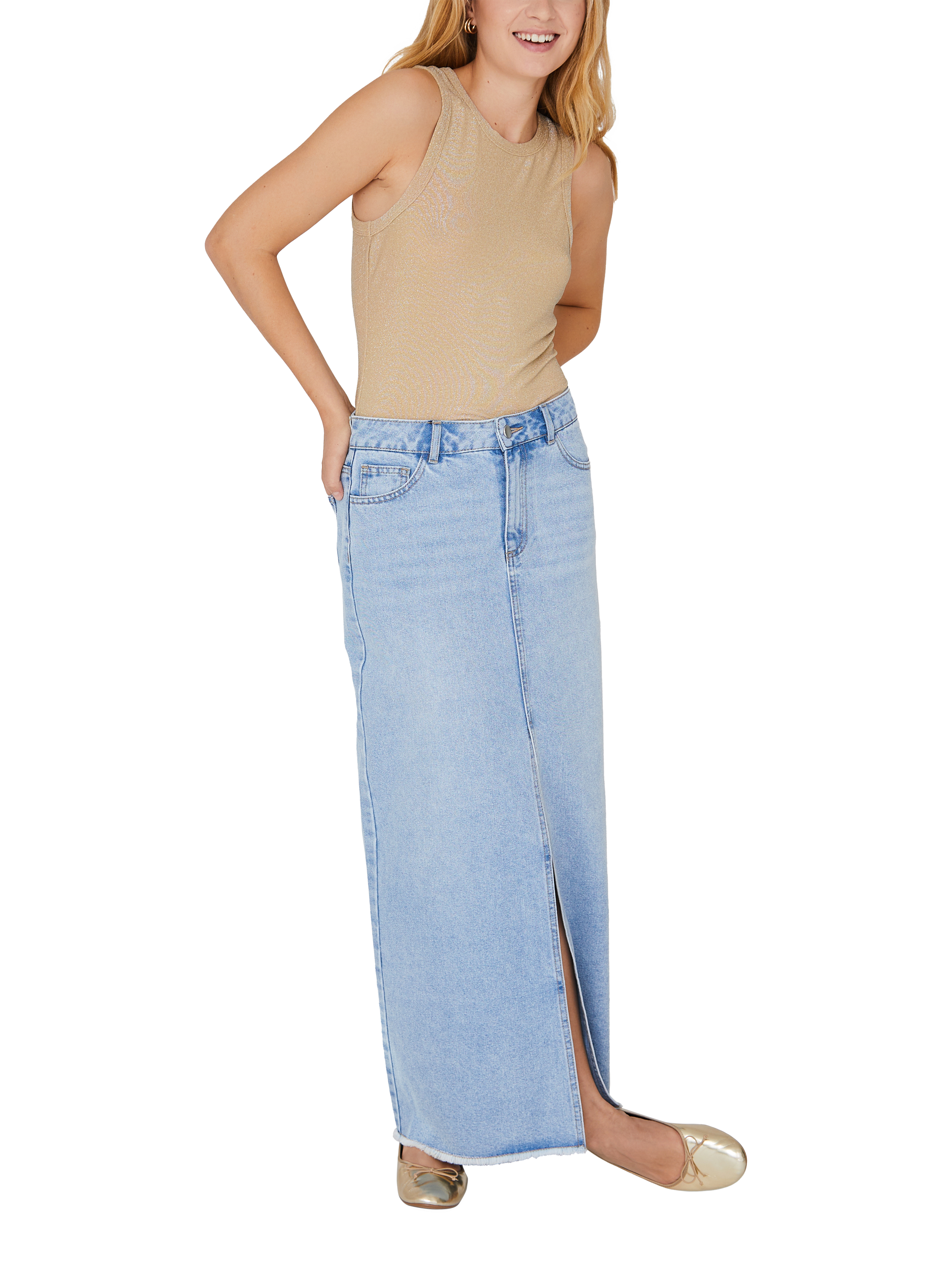 Product image 1 of 4, which shows A-VIEW Sean Denim Maxi Skirt, Light Denim Blue, 8