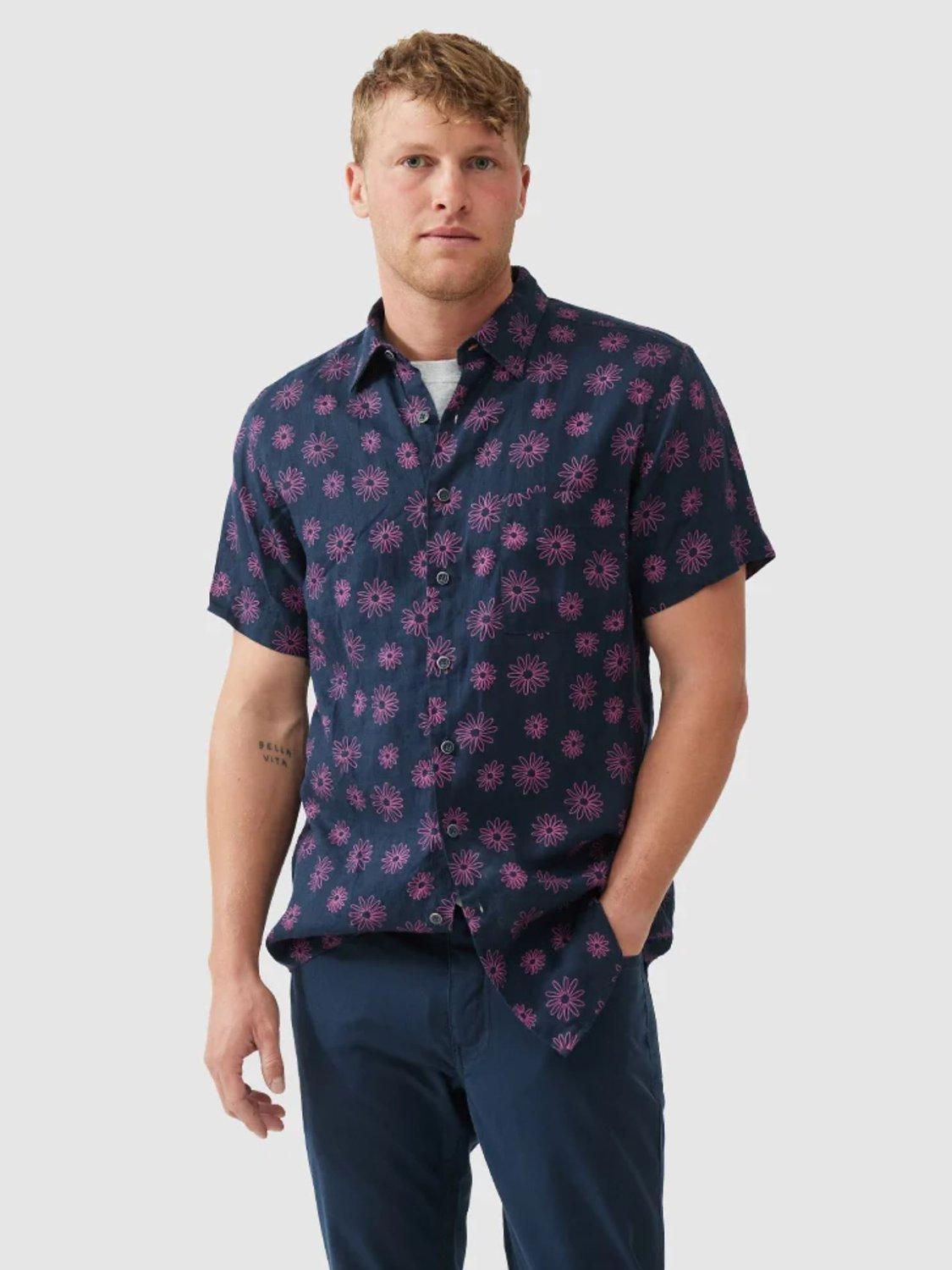 Product image 1 of 5, which shows Rodd & Gunn Jacobs River Floral Linen Slim Fit Short Sleeve Shirt, Navy/Pink, XS