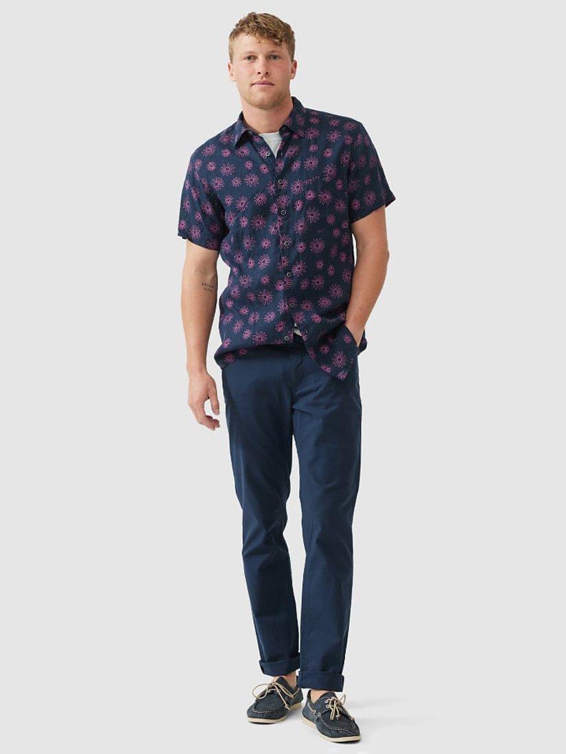 Product image 2 of 5, which shows Rodd & Gunn Jacobs River Floral Linen Slim Fit Short Sleeve Shirt, Navy/Pink, XS