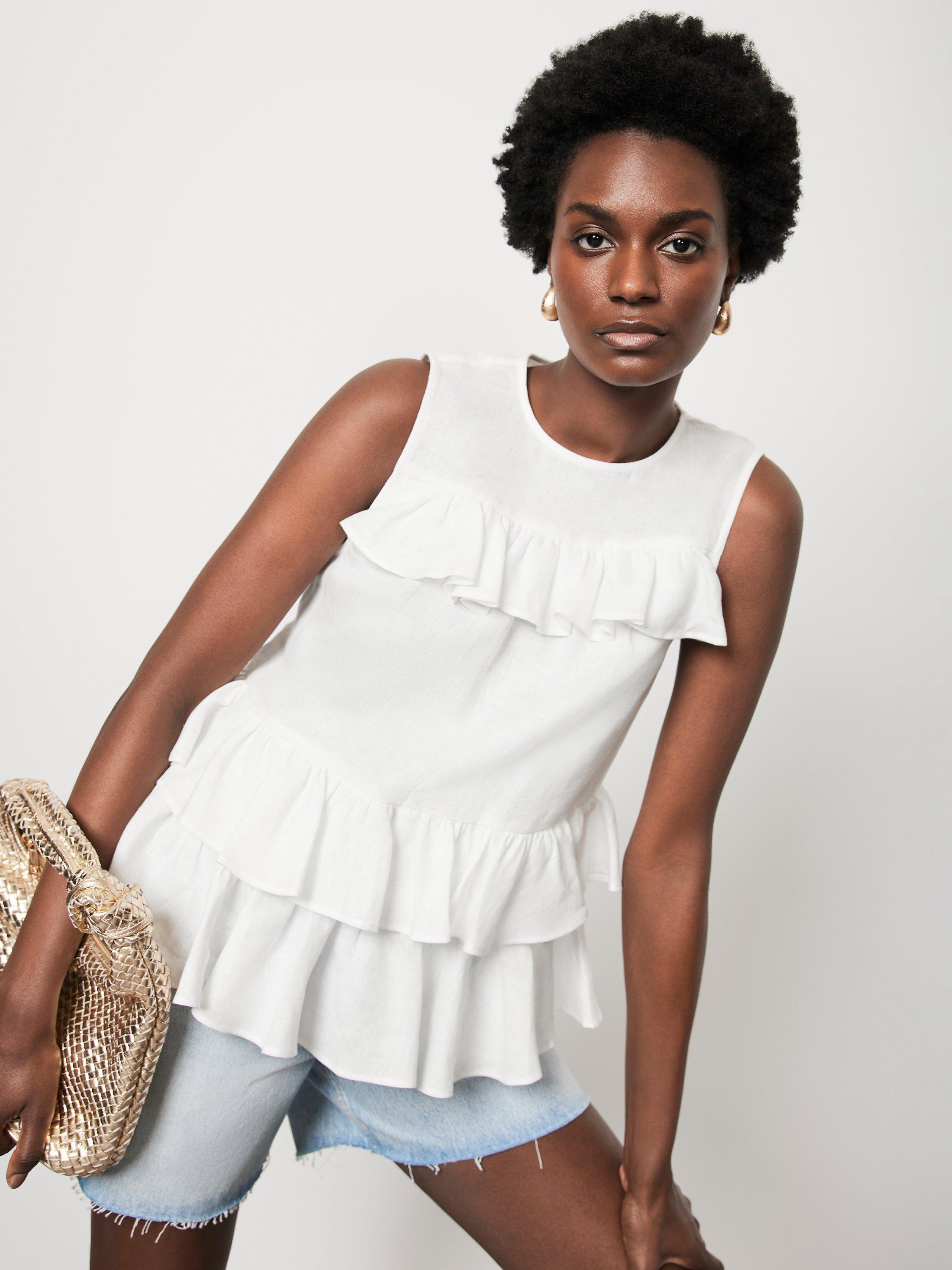 Mint Velvet Ruffle Detail Linen Top, White