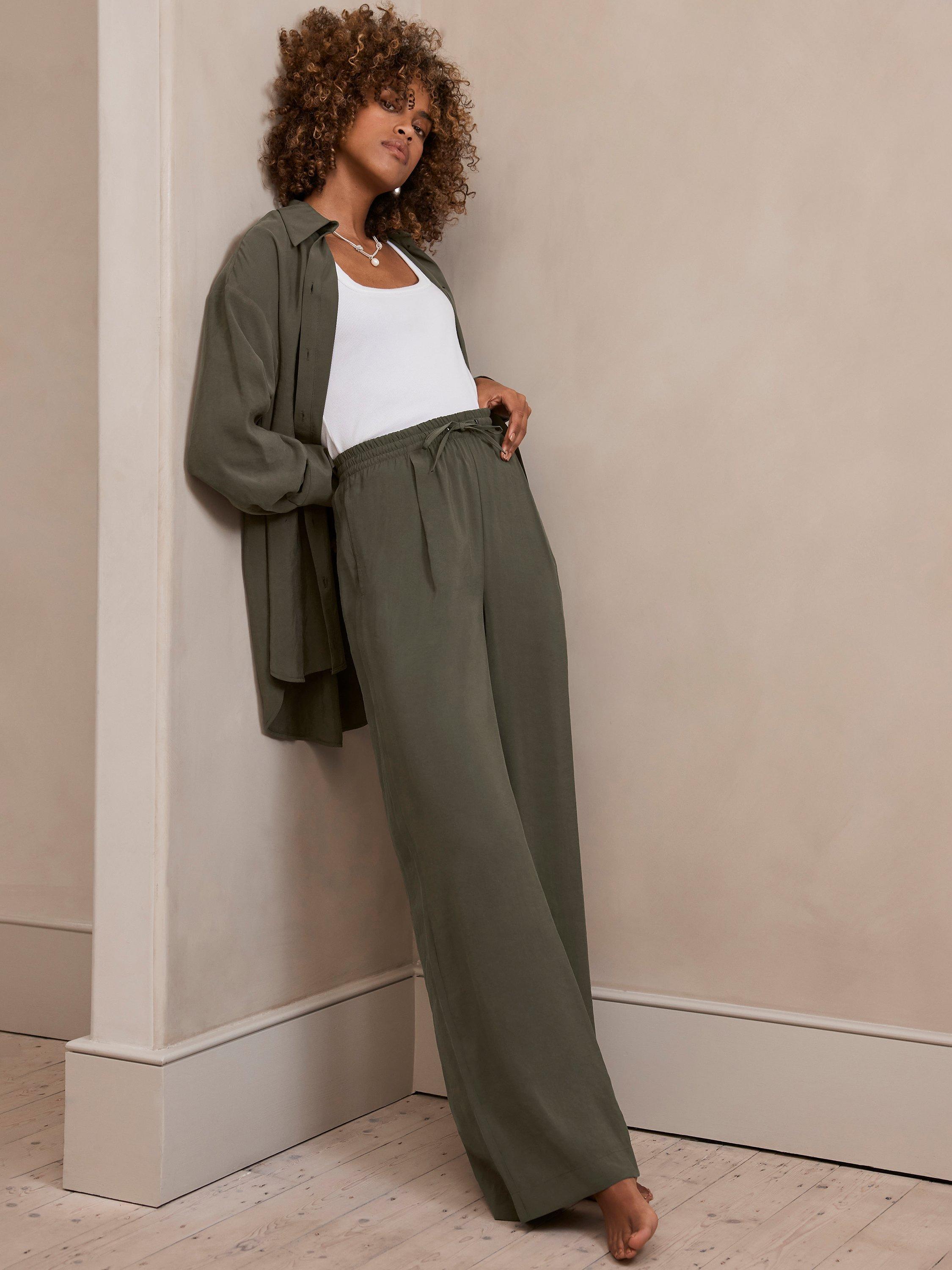 Mint Velvet Wide Leg Drawstring Trousers, Khaki