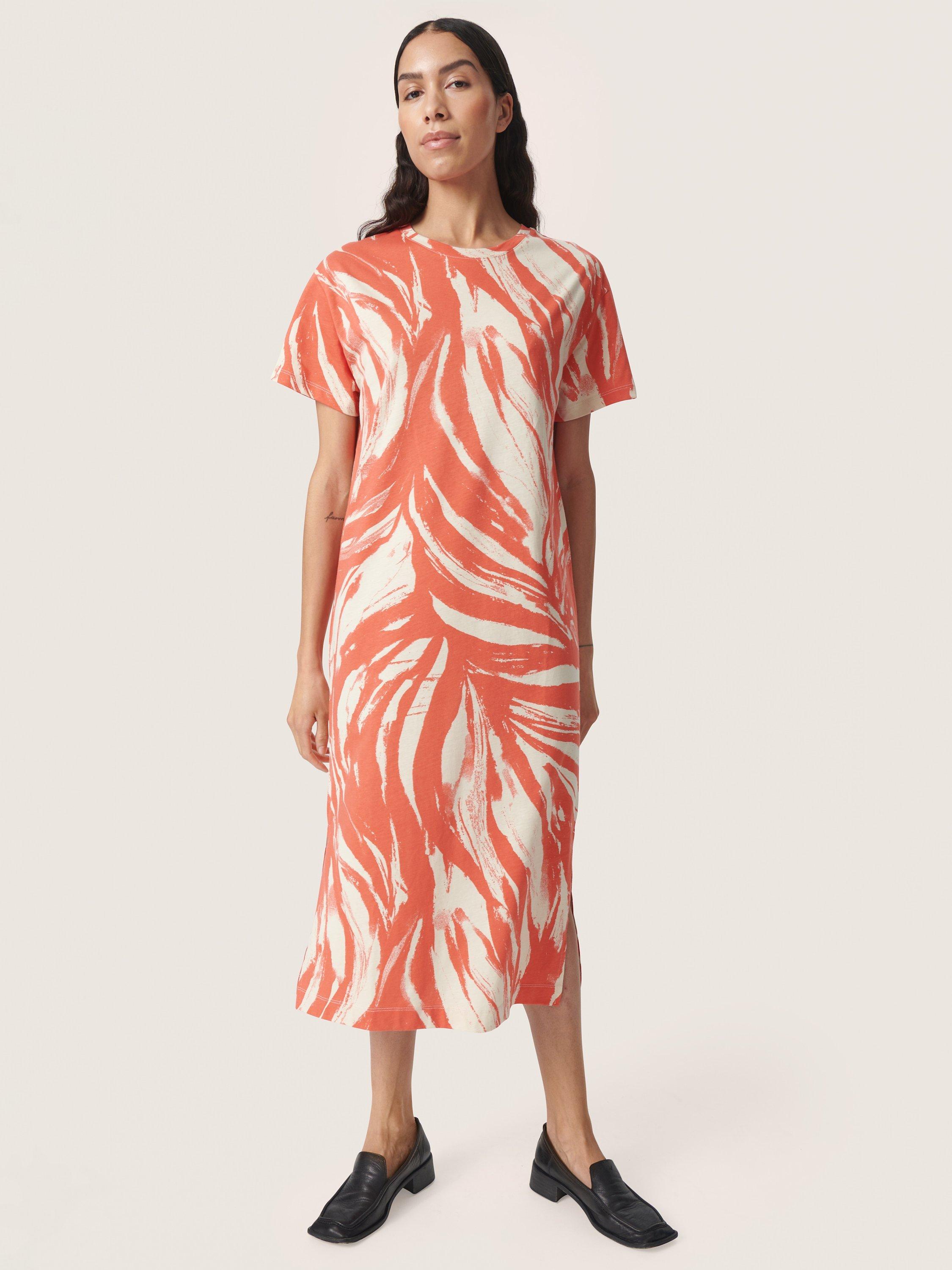 Soaked In Luxury Eva Short Sleeve Crew Neck Midi Dress, Hot Coral Wave