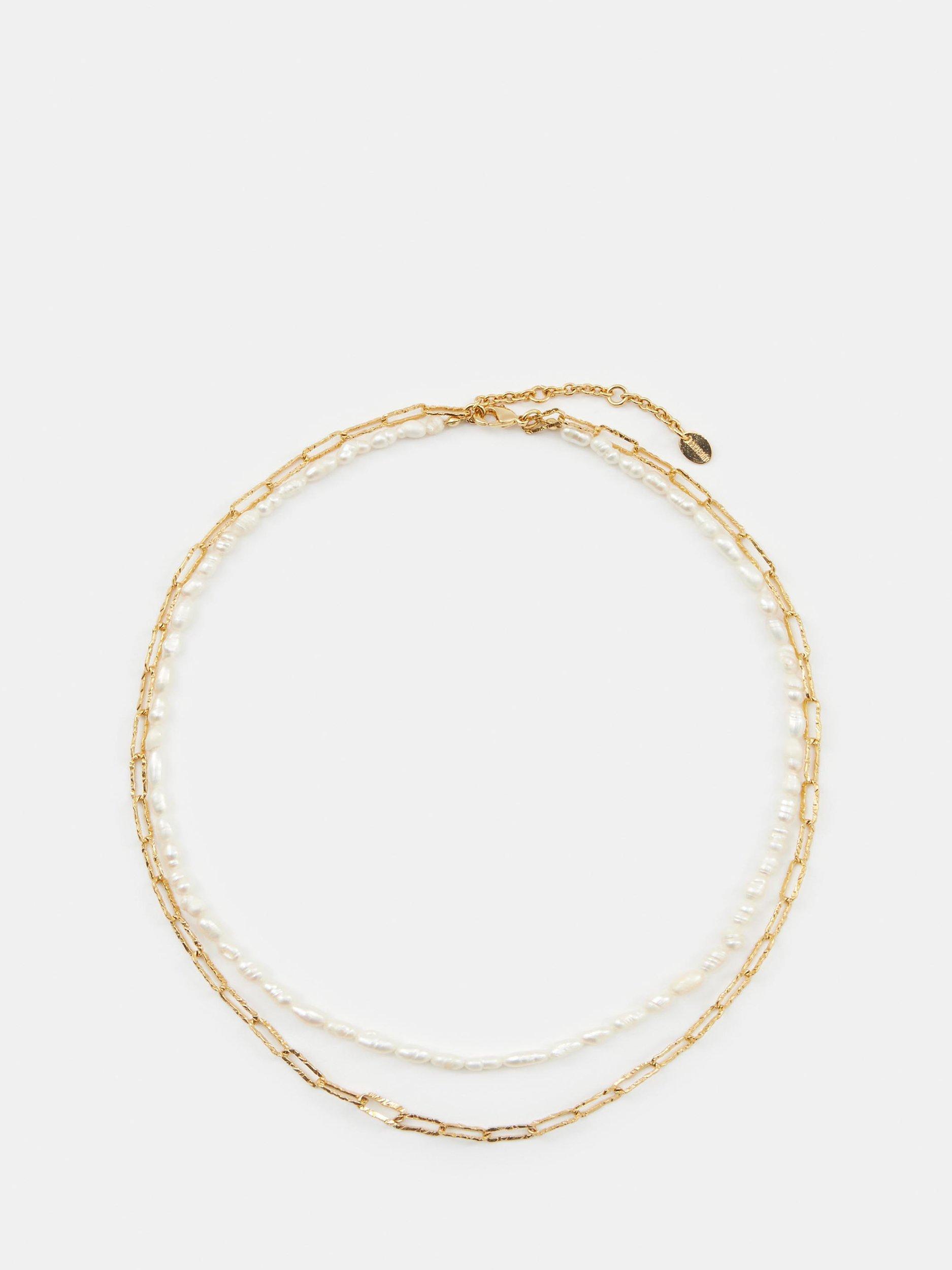 Product image 1 of 3, which shows HUSH Hadley Hammered Pearl and Chain Necklace, Gold