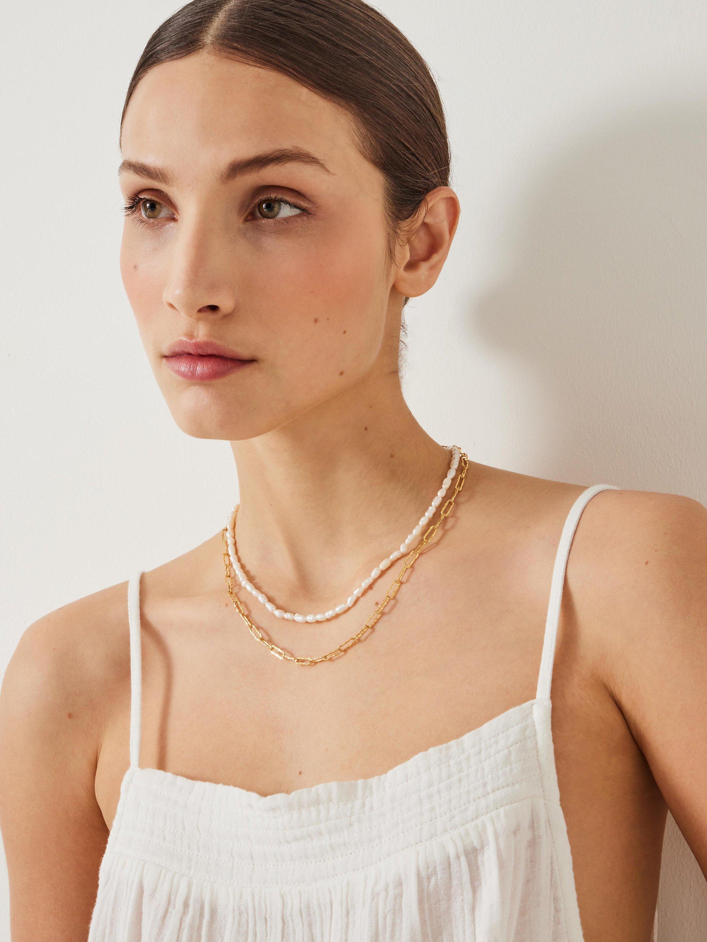 Product image 2 of 3, which shows HUSH Hadley Hammered Pearl and Chain Necklace, Gold