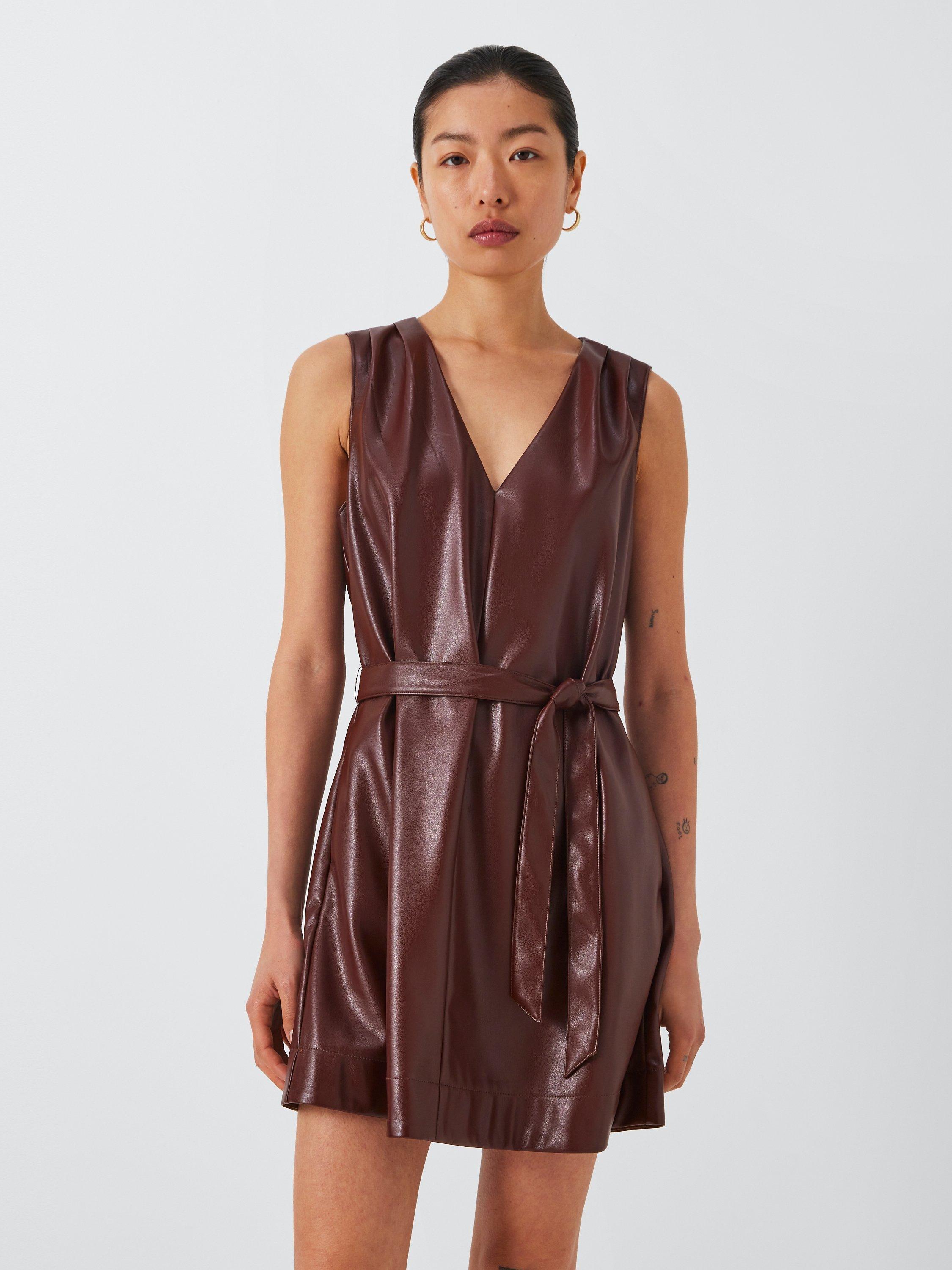 Product image 1 of 6, which shows PAIGE Luisa Faux Leather Mini Dress, Rum Raisin, XS