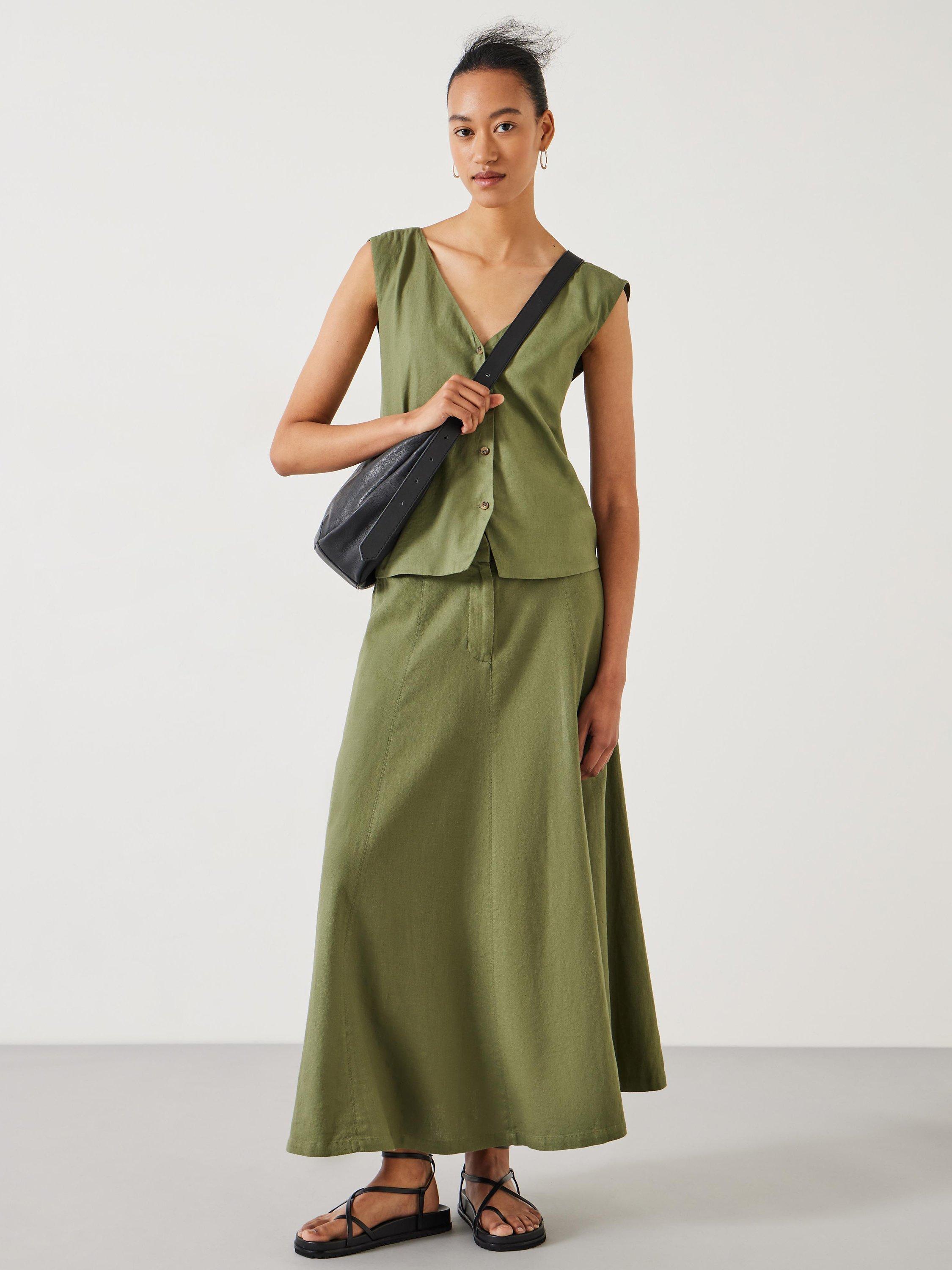 HUSH Juliah Linen Blend Maxi Skirt, Olive, 4