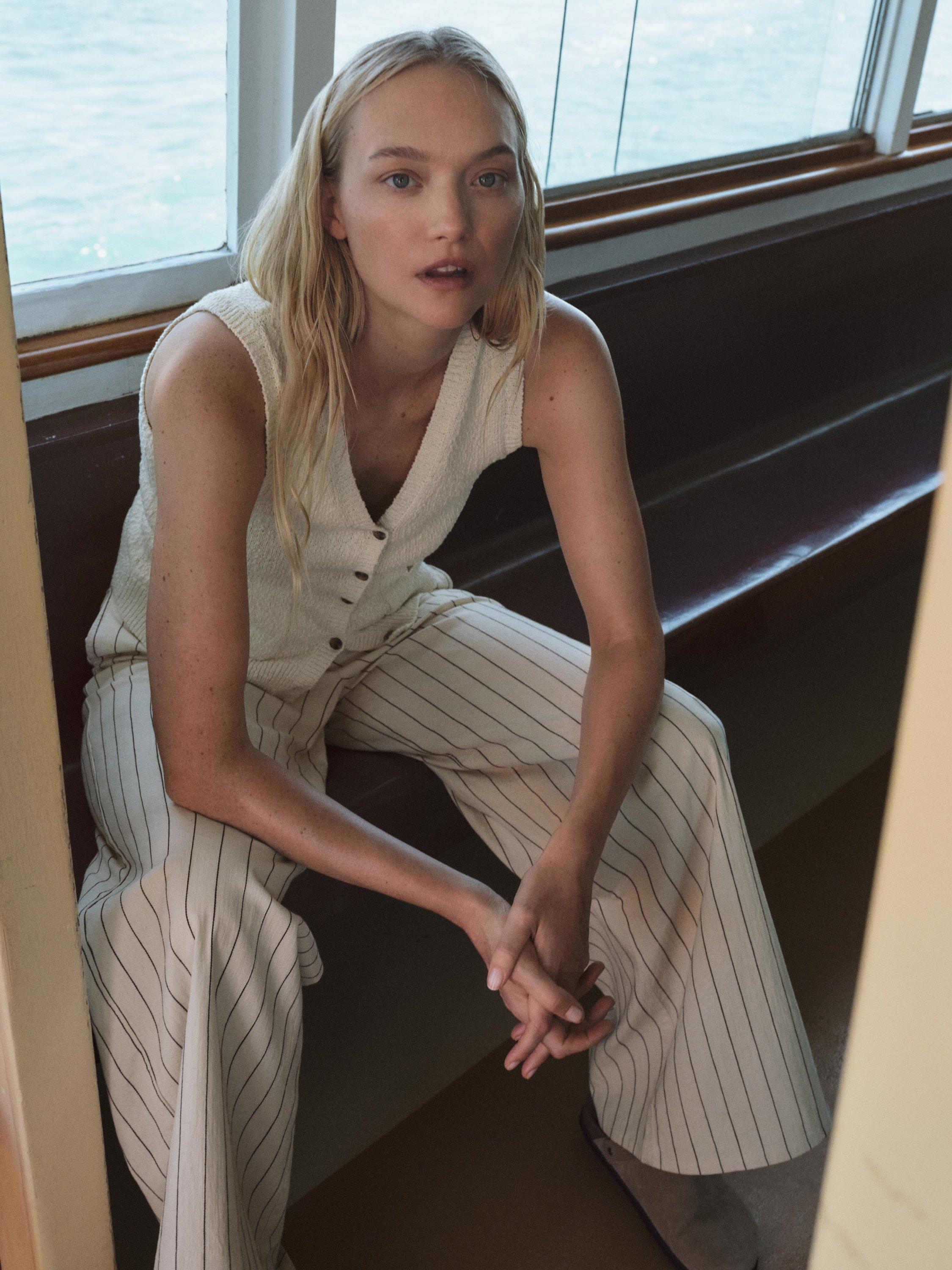 Product image 1 of 5, which shows HUSH Elissia Striped Wide Leg Trousers, White/Black, White/Black, 10S