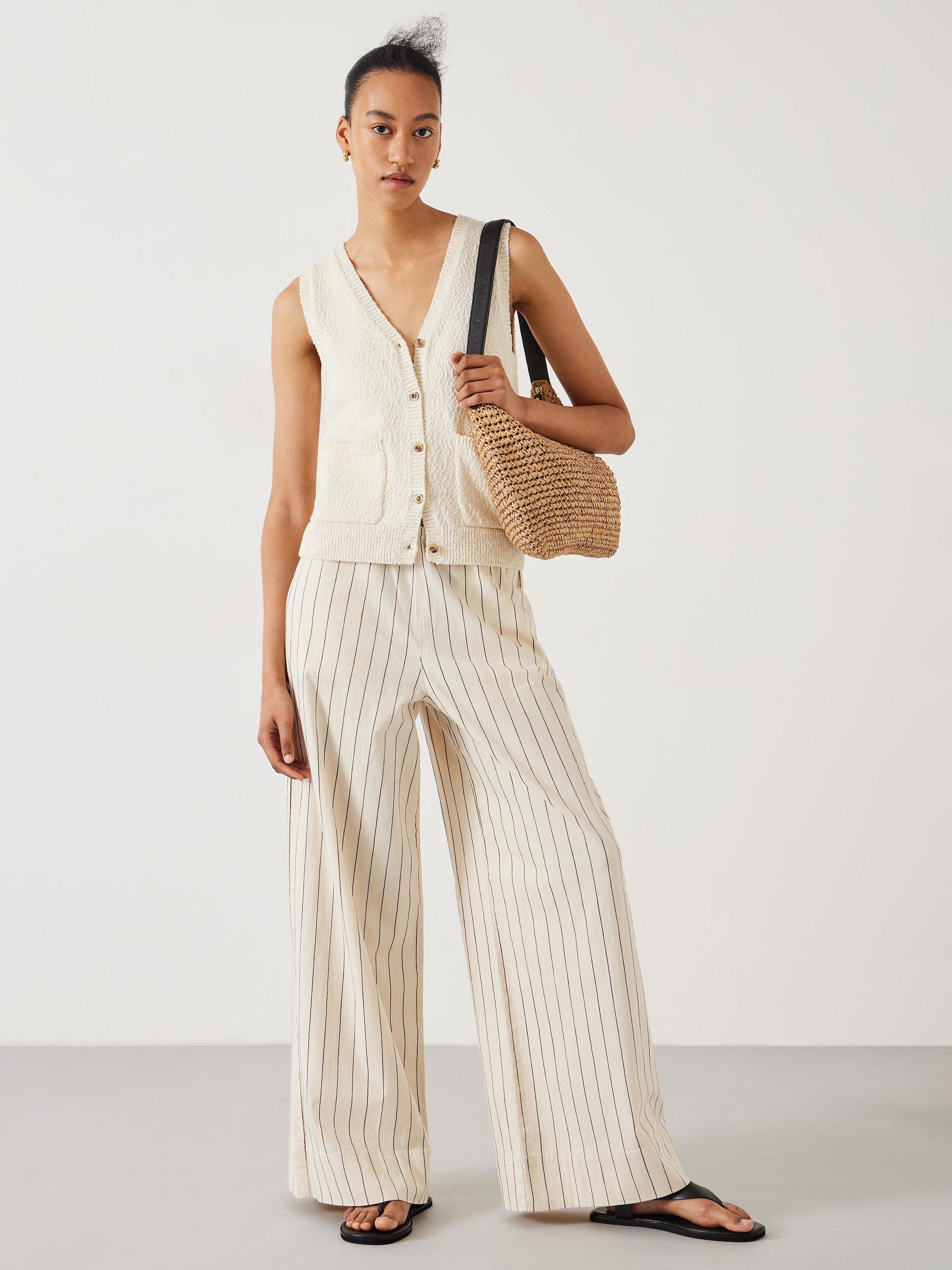 Product image 3 of 5, which shows HUSH Elissia Striped Wide Leg Trousers, White/Black, White/Black, 10S