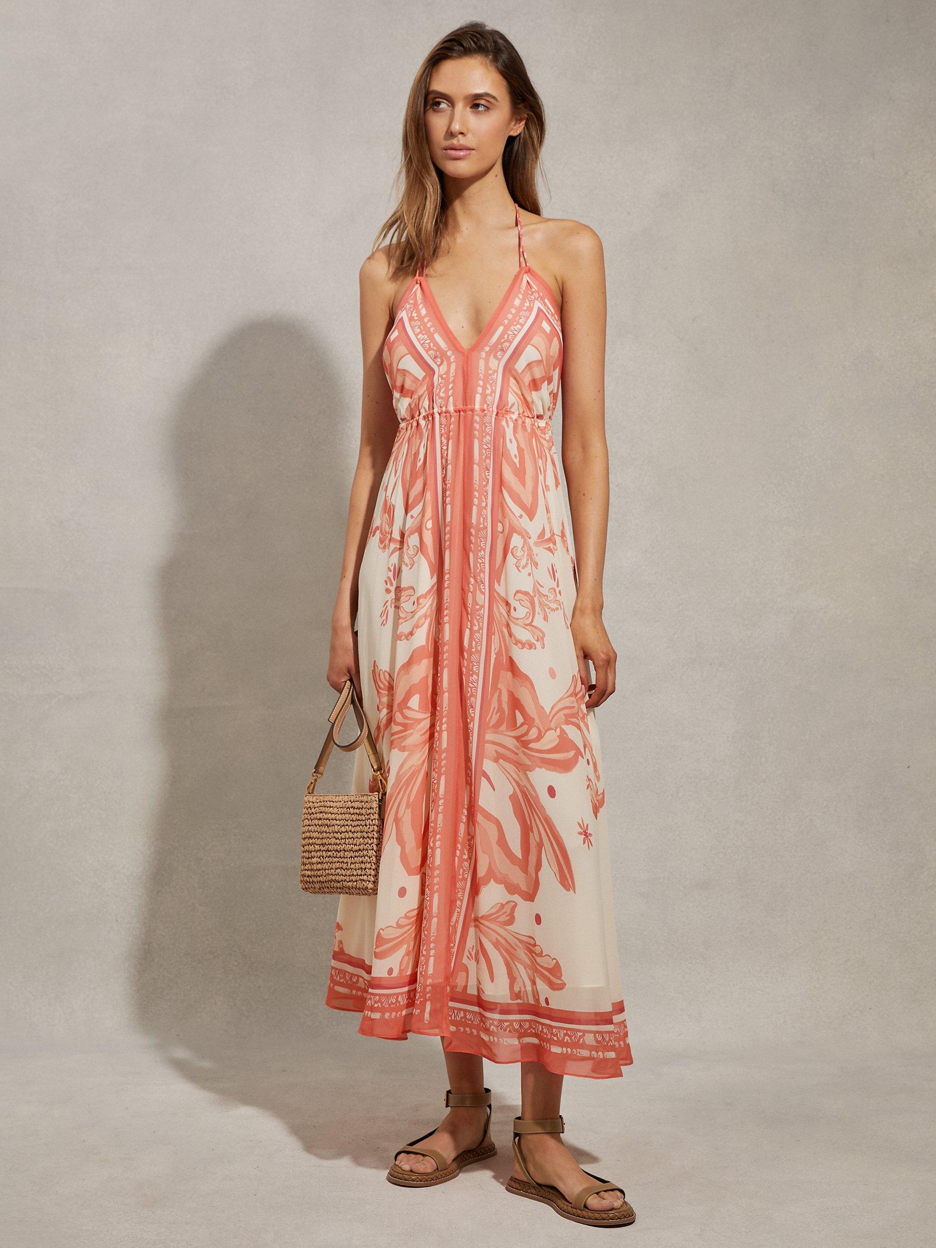Reiss Delilah Placement Print Halterneck Maxi Dress, Coral/Cream