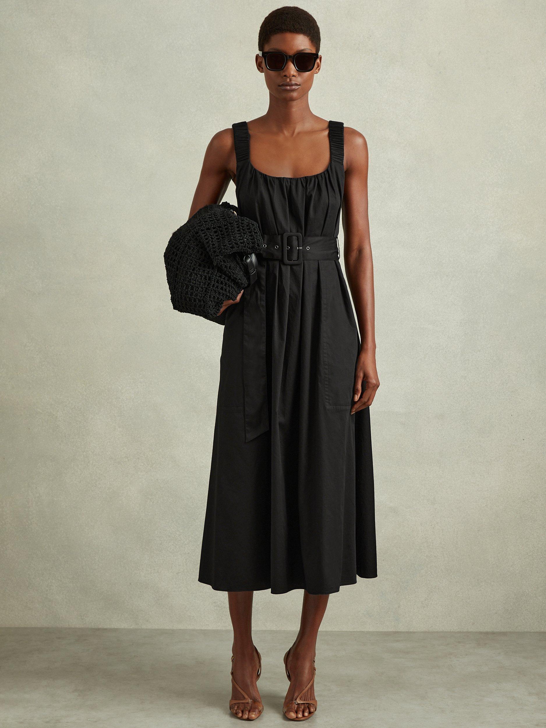 Reiss Petite Liza Ruched Strap Cotton Midi Dress Black