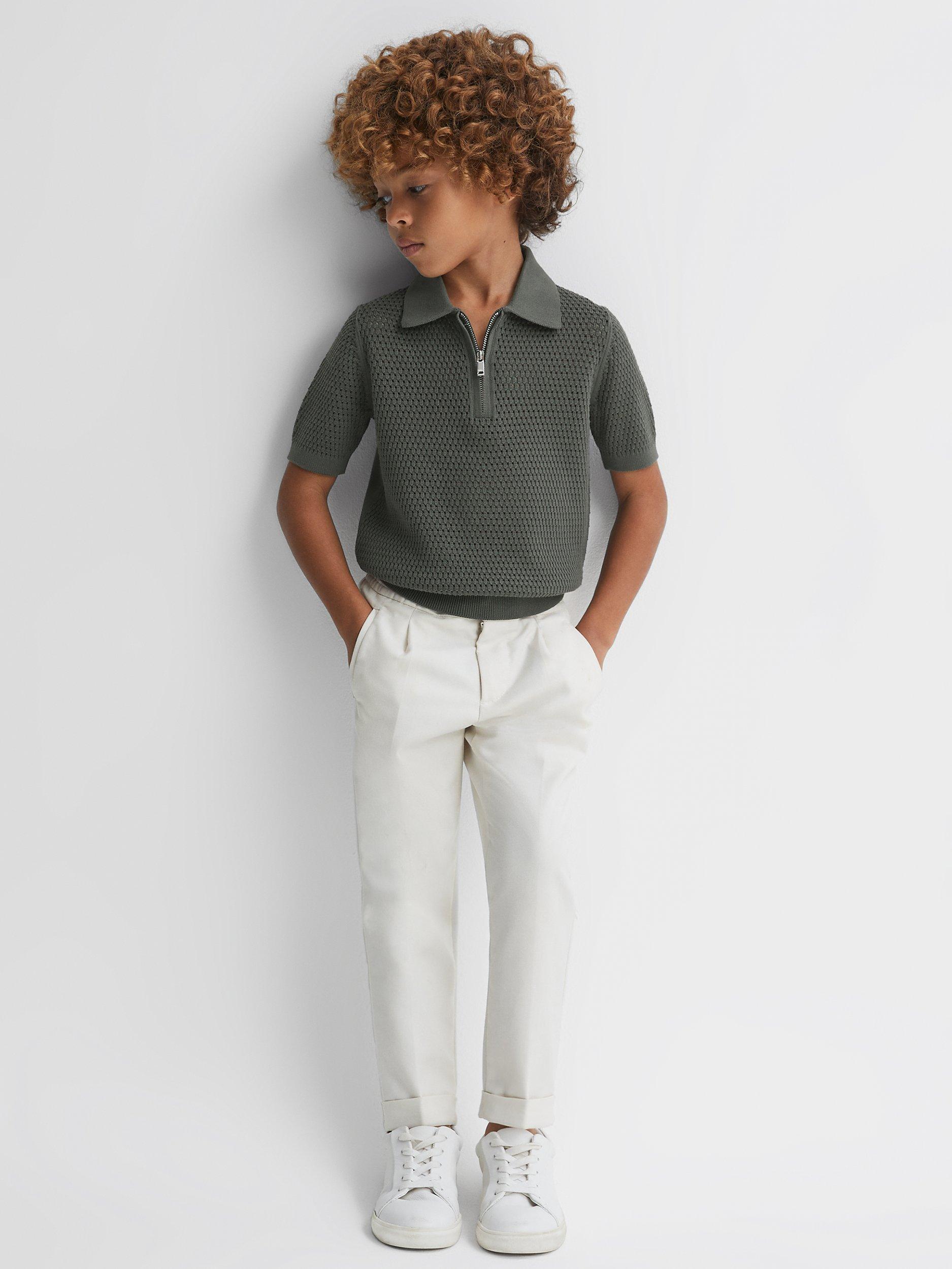 Reiss Kids' Burnham Half Zip Textured Polo Shirt, Dark Sage