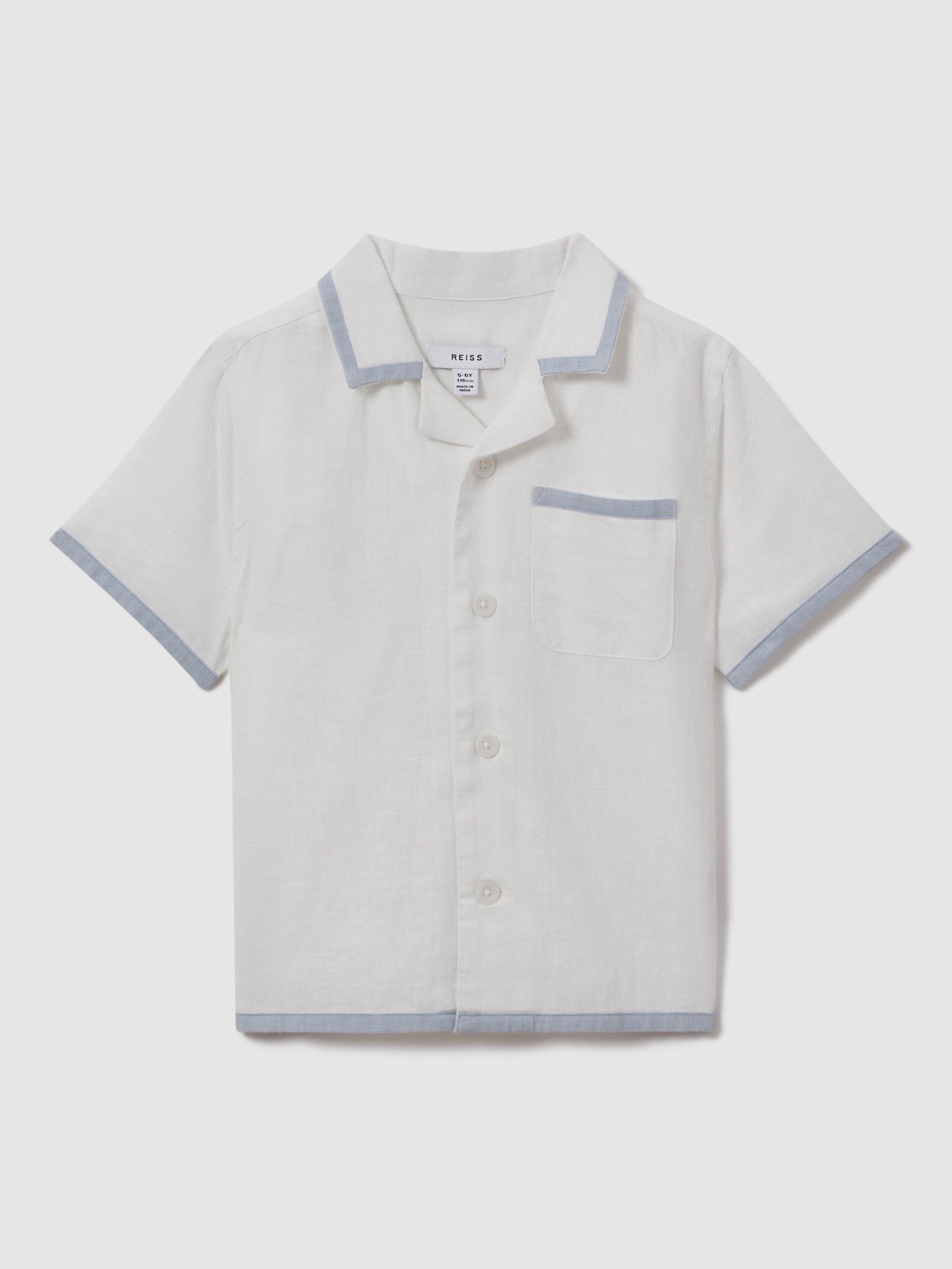 Reiss Kids' Vitan Linen Cuban Short Sleeve Shirt, White/Soft Blue