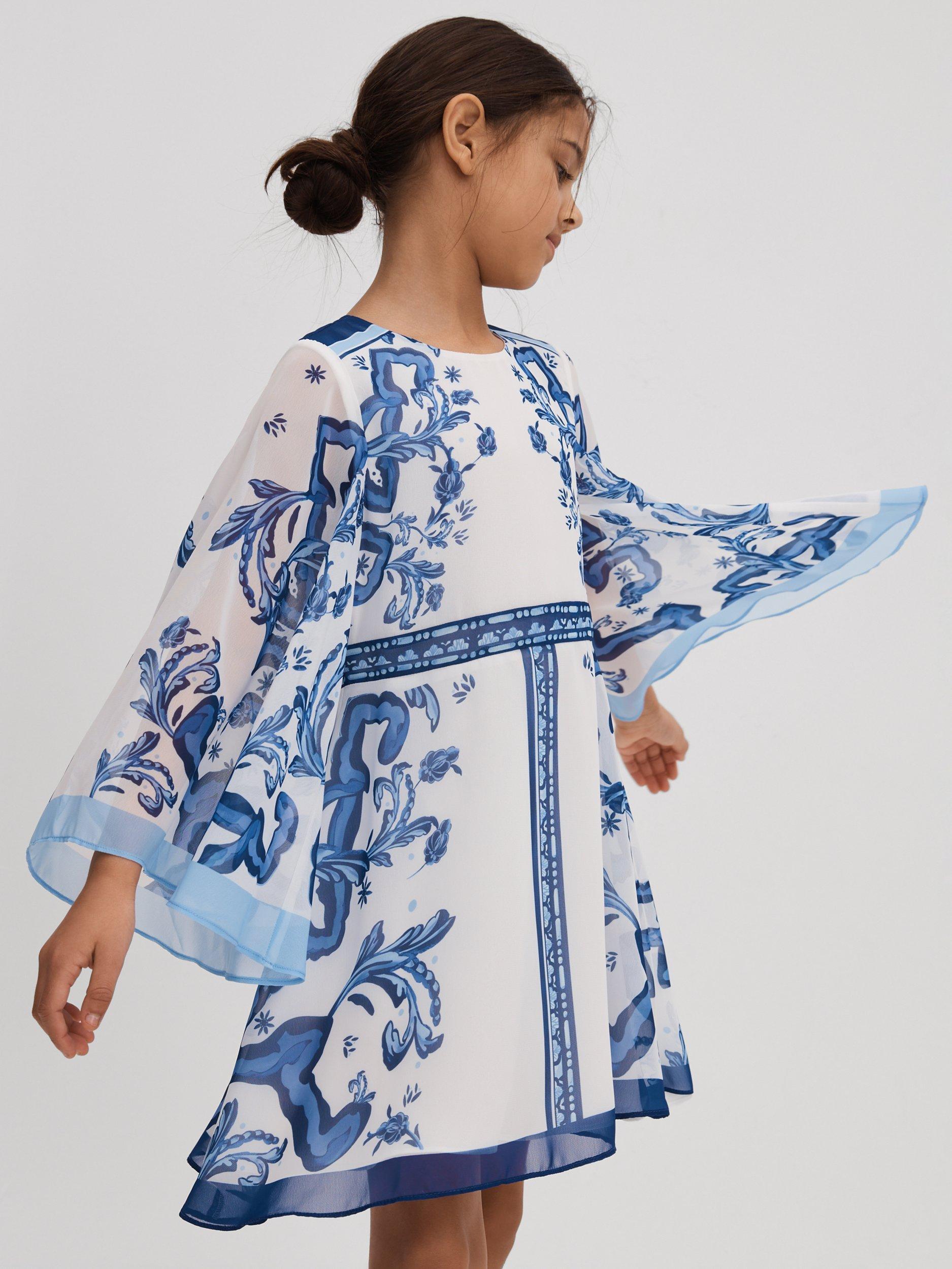 Reiss Andra Placement Print Dress, Blue/White