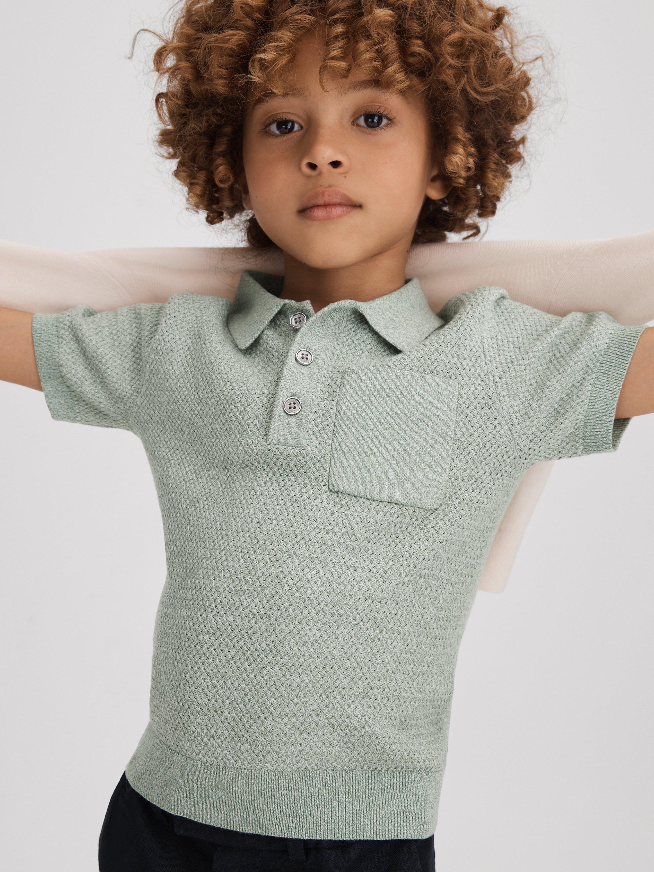 Reiss Kids' Demetri Half Button Polo Shirt, Sage Melange