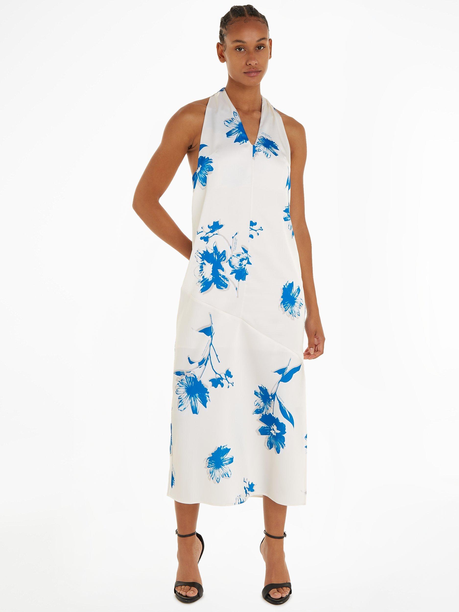 Calvin Klein Shiny Satin Maxi Dress Floral Vanilla Ice