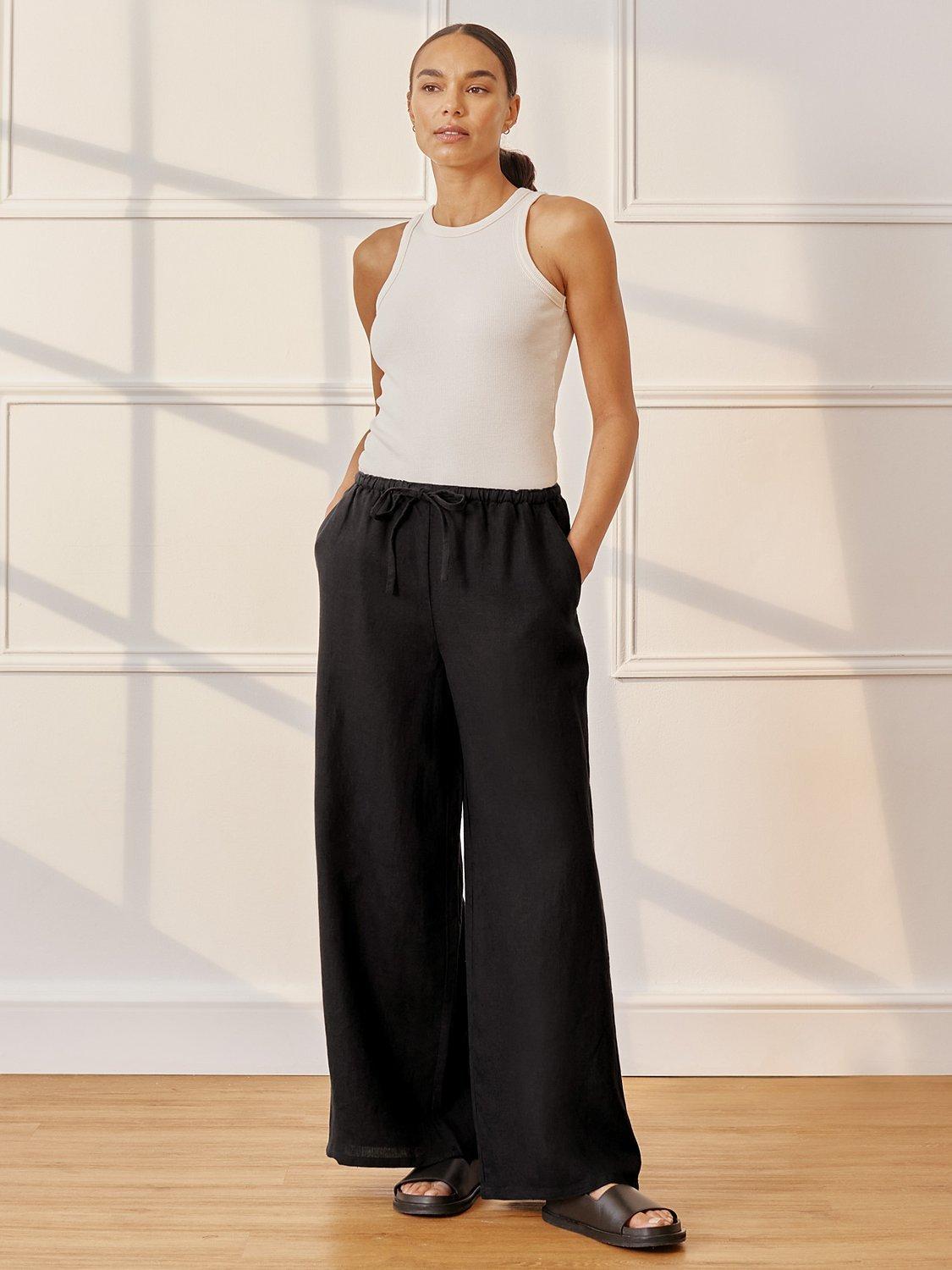 Albaray Linen Drawstring Wide Leg Trousers, Black