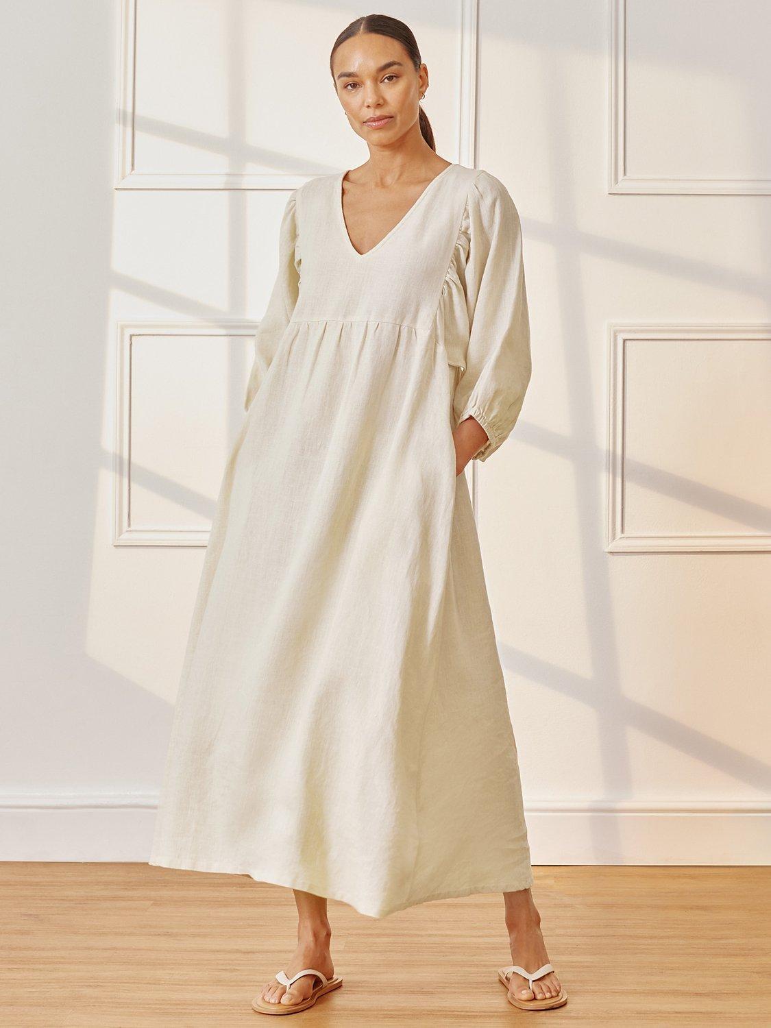 Albaray Balloon Sleeve Linen Midi Dress, Stone