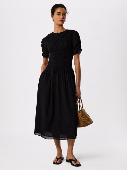 Whistles Avery Smocked Midi Dress, Black, Black