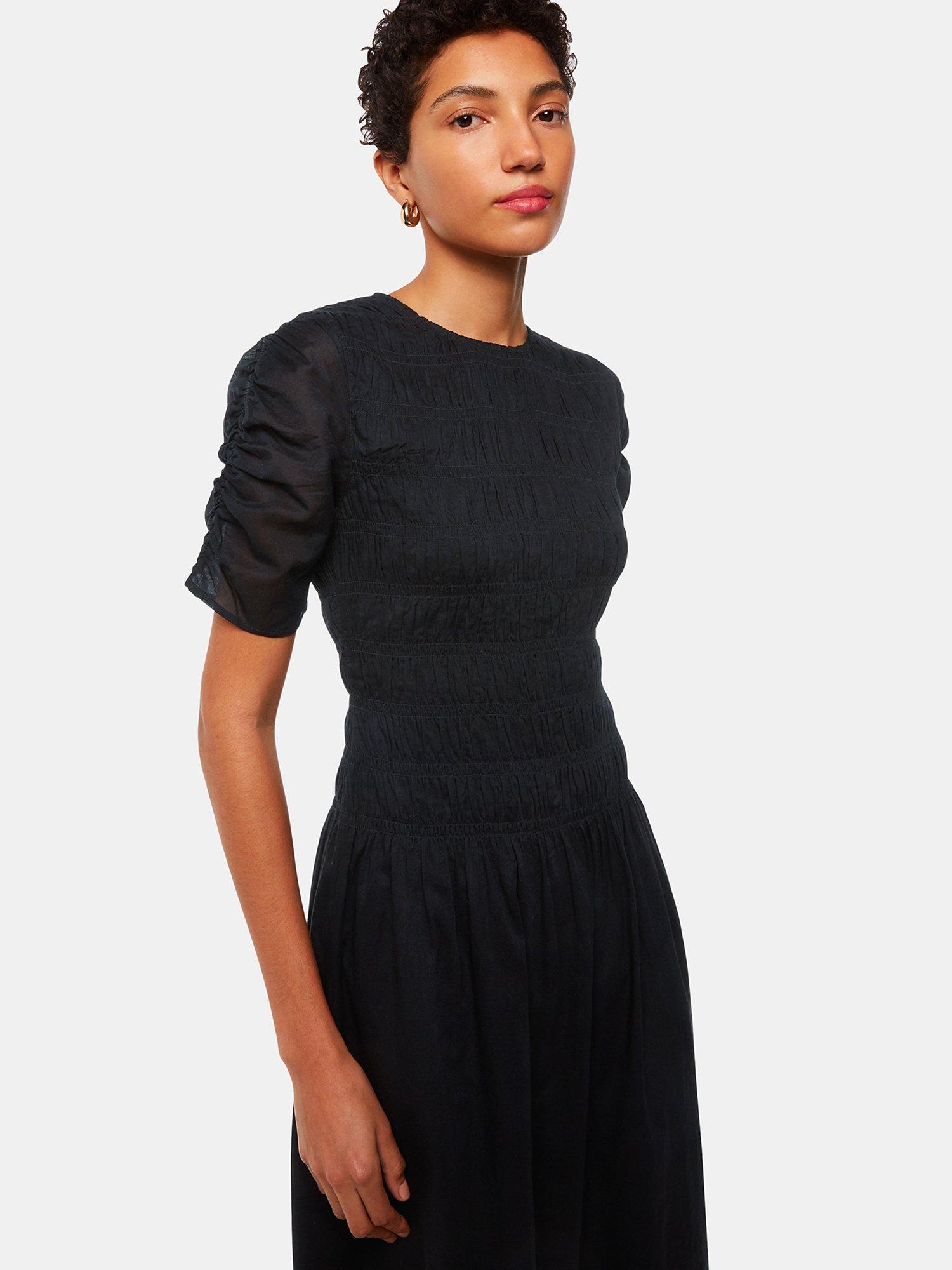 Product image 3 of 5, which shows Whistles Avery Smocked Midi Dress, Black, 6