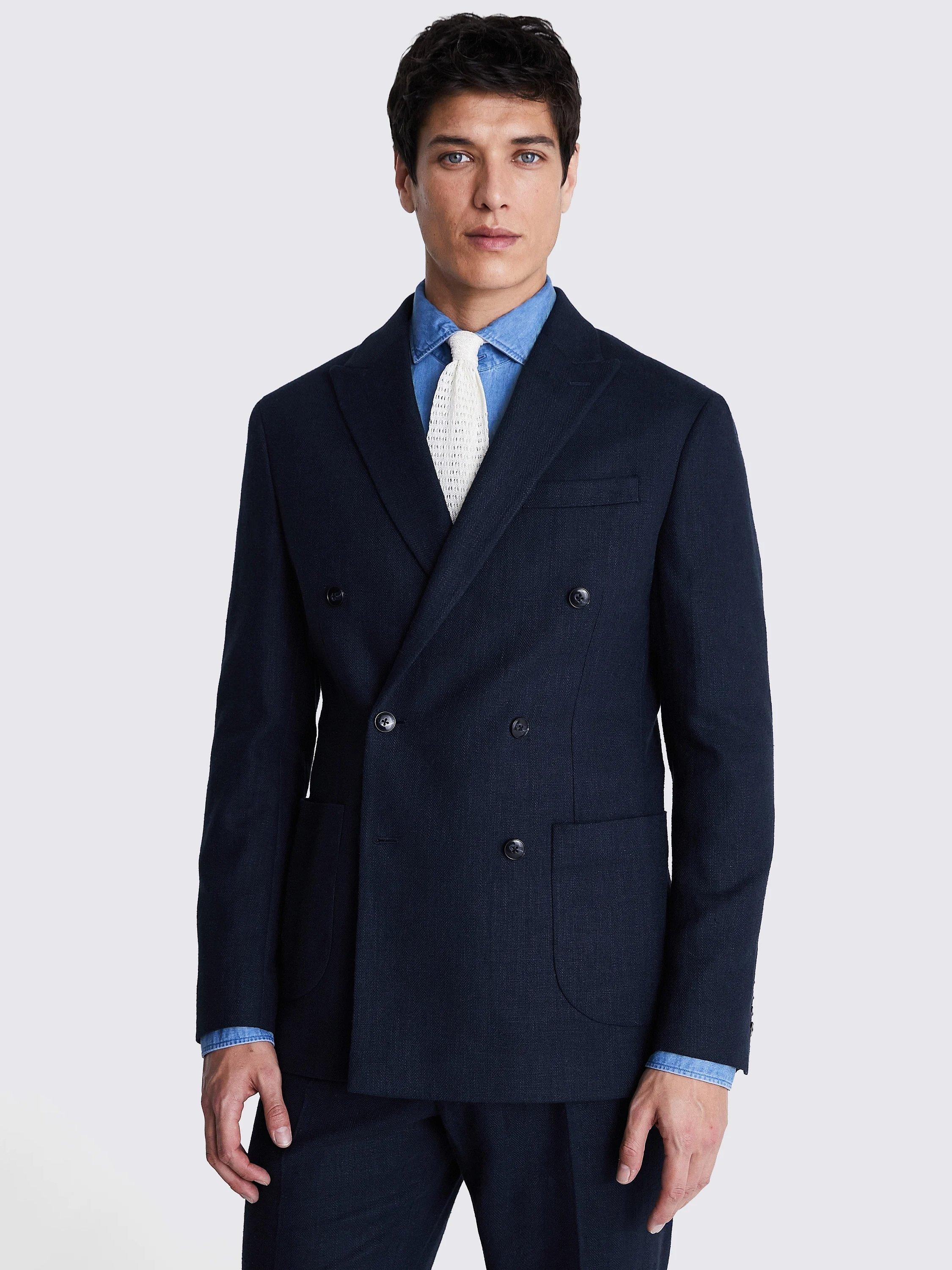 Moss Tailored Fit Double Breasted Herringbone Suit Jacket, Navy