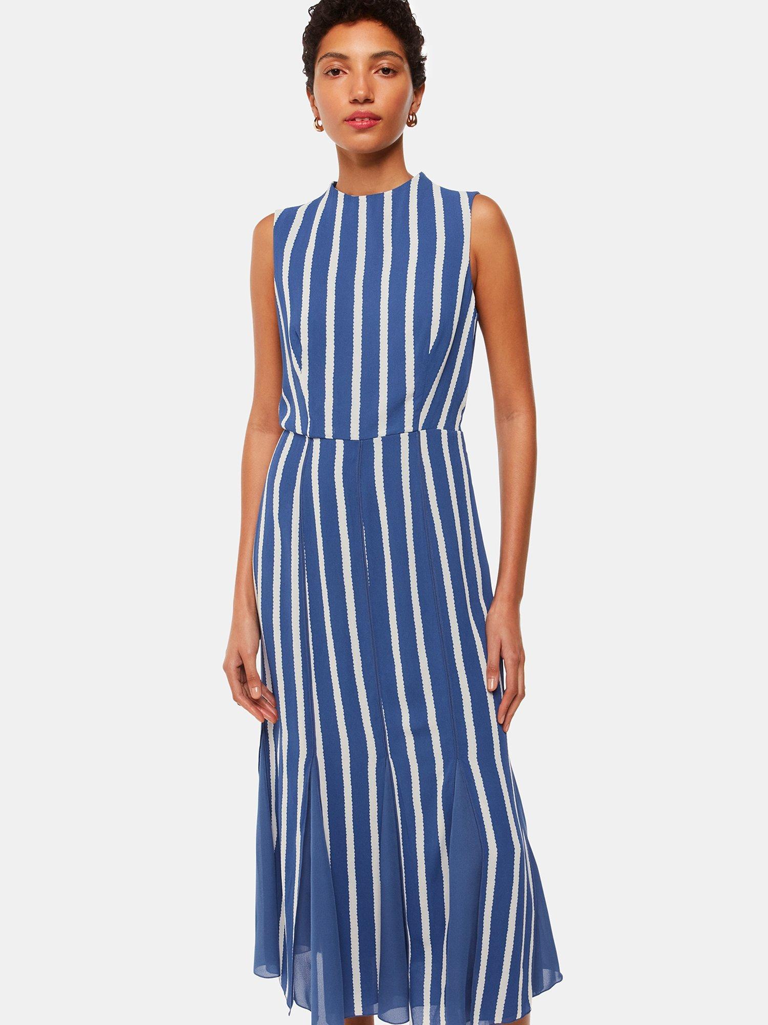 Product image 3 of 6, which shows Whistles Crinkle Stripe Midi Dress, Blue/White, 8