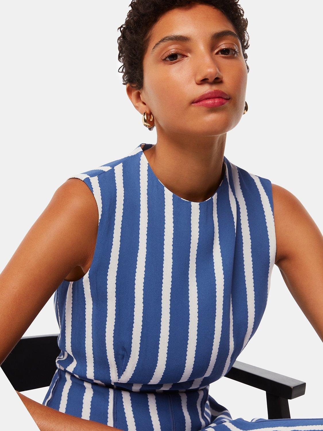 Product image 5 of 6, which shows Whistles Crinkle Stripe Midi Dress, Blue/White, 8