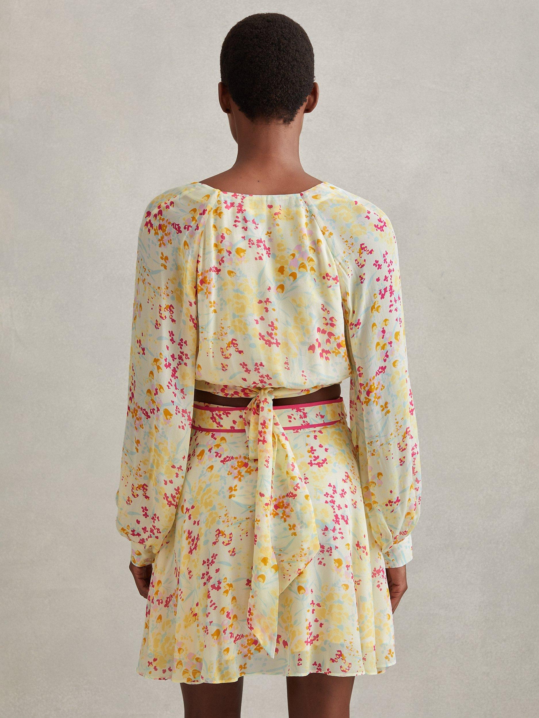 Reiss Lyla Floral Print Tie Waist Cropped Blouse, Yellow/Multi