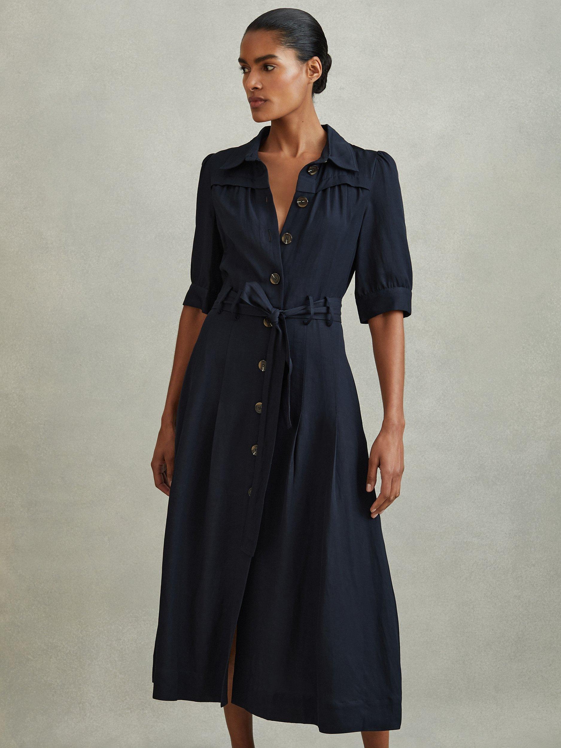 Reiss Petite Malika Linen Blend Midi Shirt Dress, Navy
