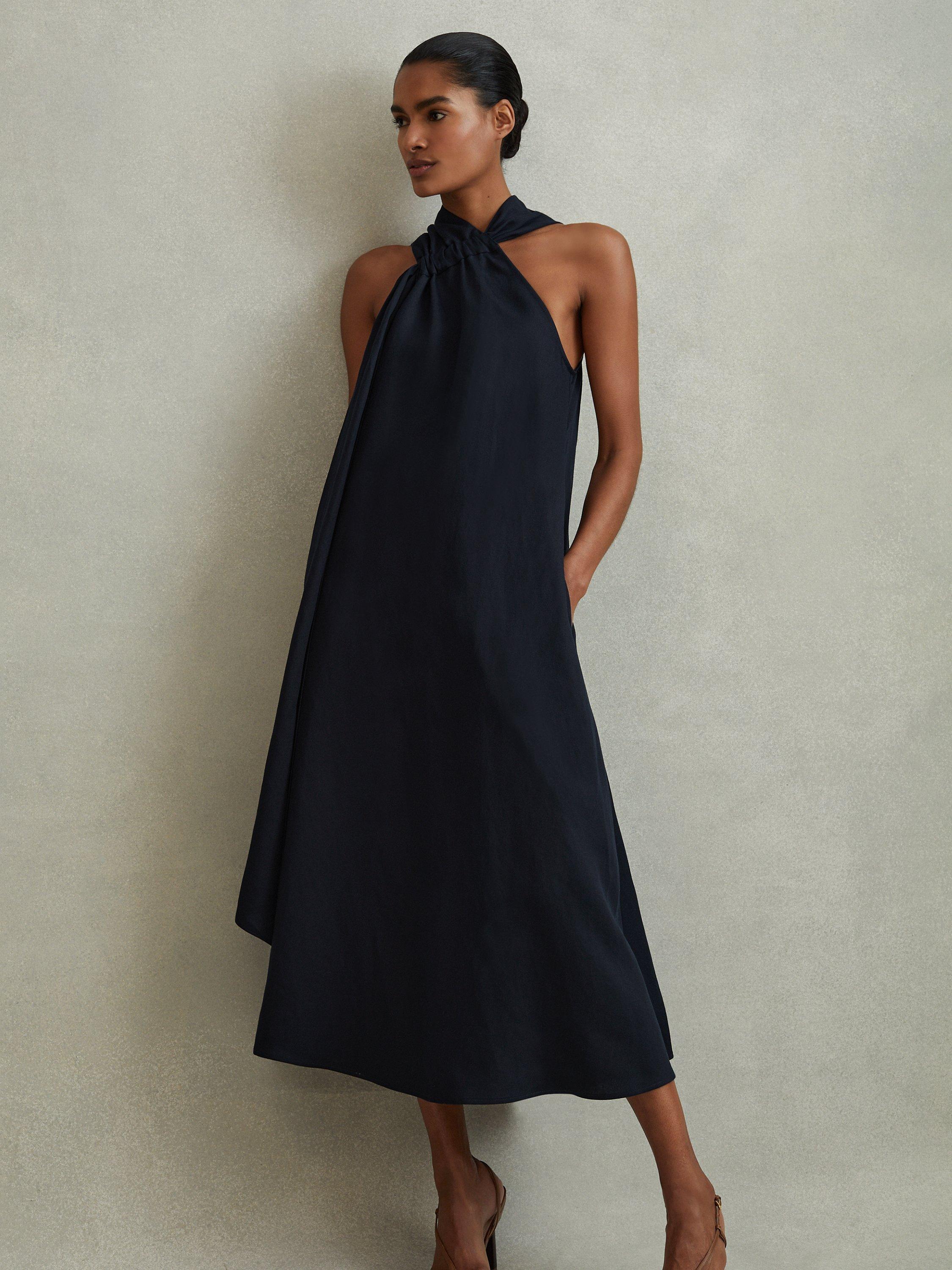 Reiss Cosette Linen Blend Draped Midi Dress, Navy