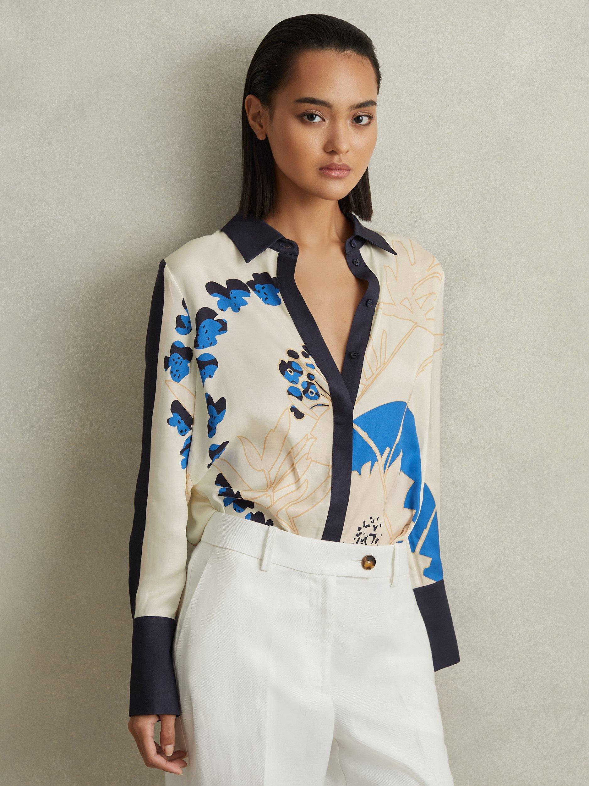 Reiss Isla Placement Print Blouse, Blue/Multi