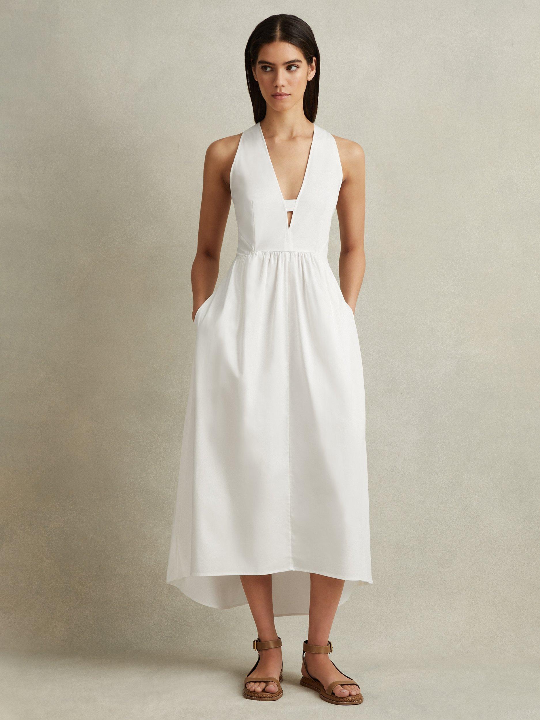 Reiss Yana Cotton Blend High-Low Hem Midi Dress, White, 14