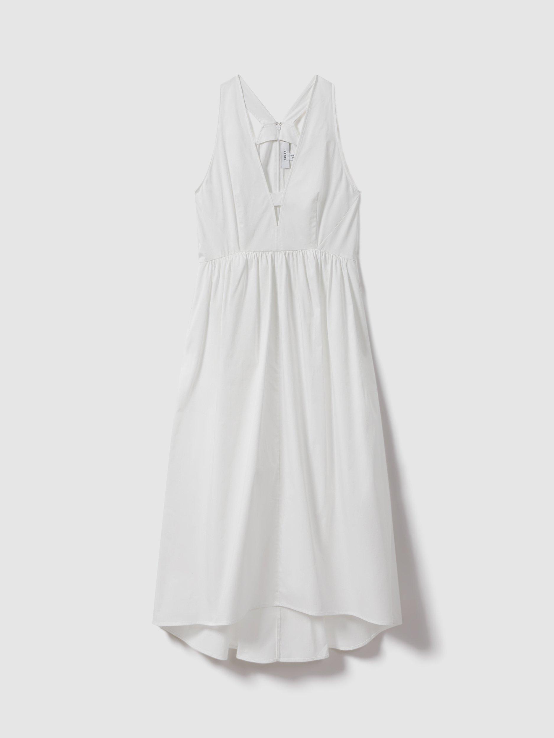 Reiss Yana Cotton Blend High-Low Hem Midi Dress, White, 14