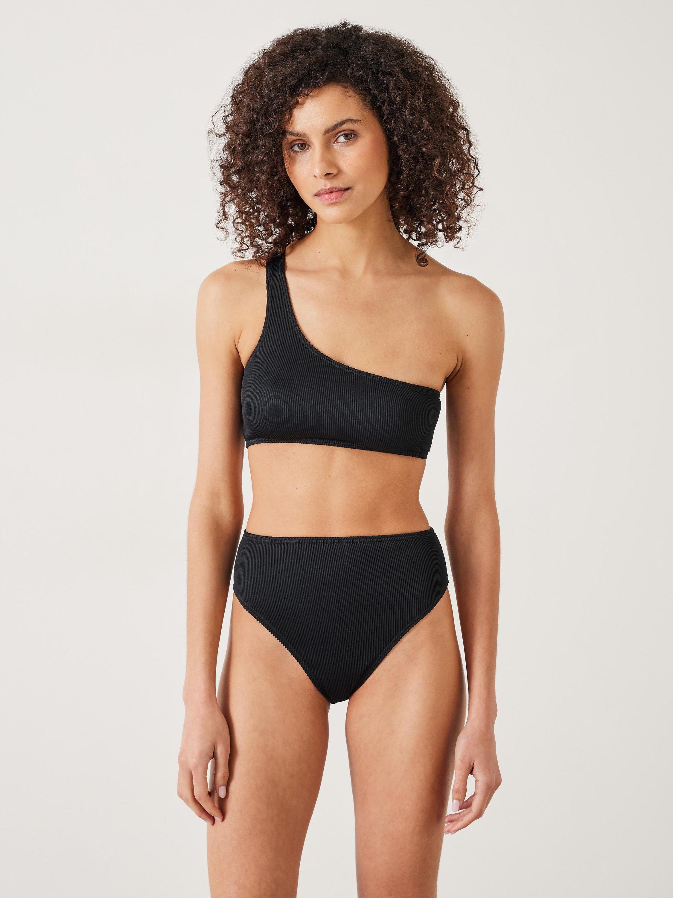 Product image 1 of 5, which shows HUSH Olivia Asymmetric Ribbed Bikini Top, Black, 4