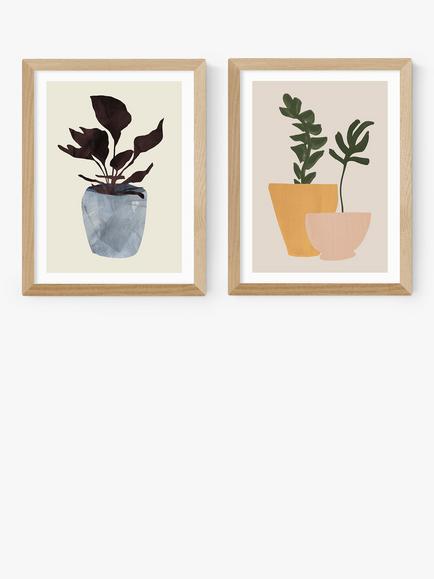 EAST END PRINTS Dan Hobday 'Plant Pot' Wood Framed Print, Set of 2, Oak Frame