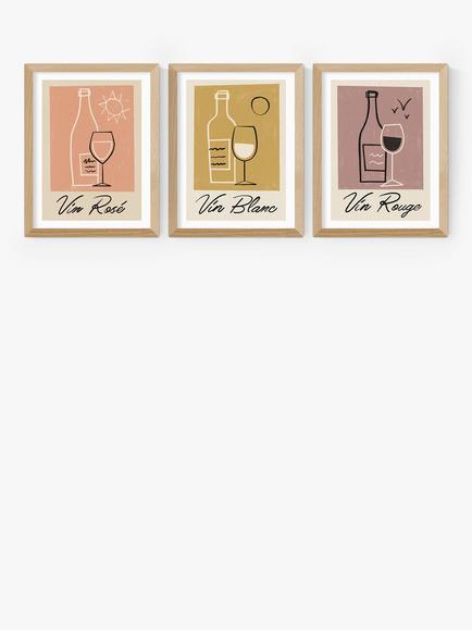 EAST END PRINTS Telegramme Paper Co 'Vino' Framed Prints, Set of 3, Oak Frame