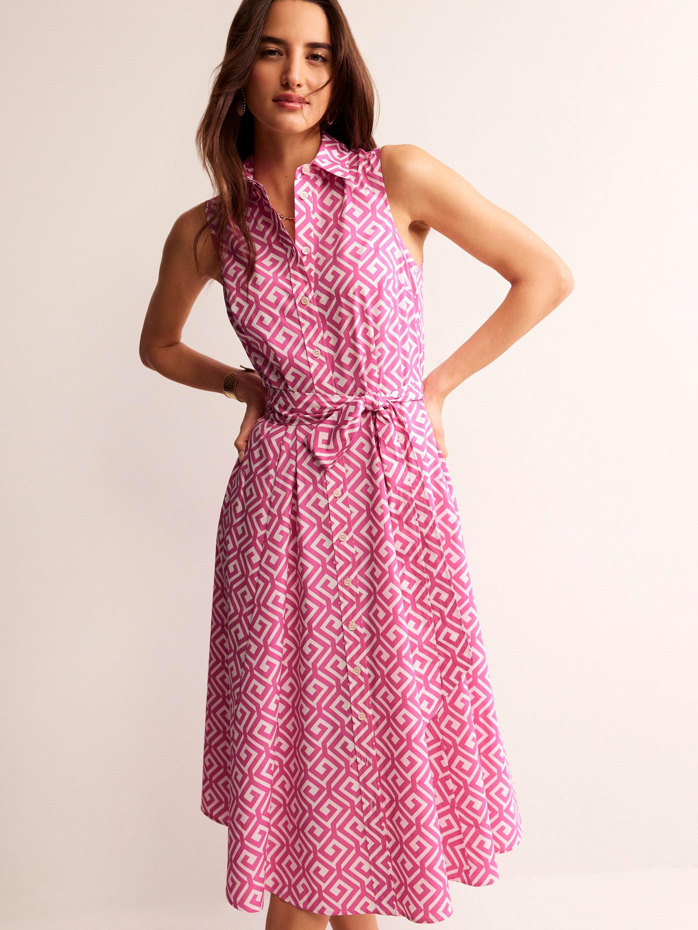 Boden Amy Maze Print Sleeveless Midi Shirt Dress, Pink Power