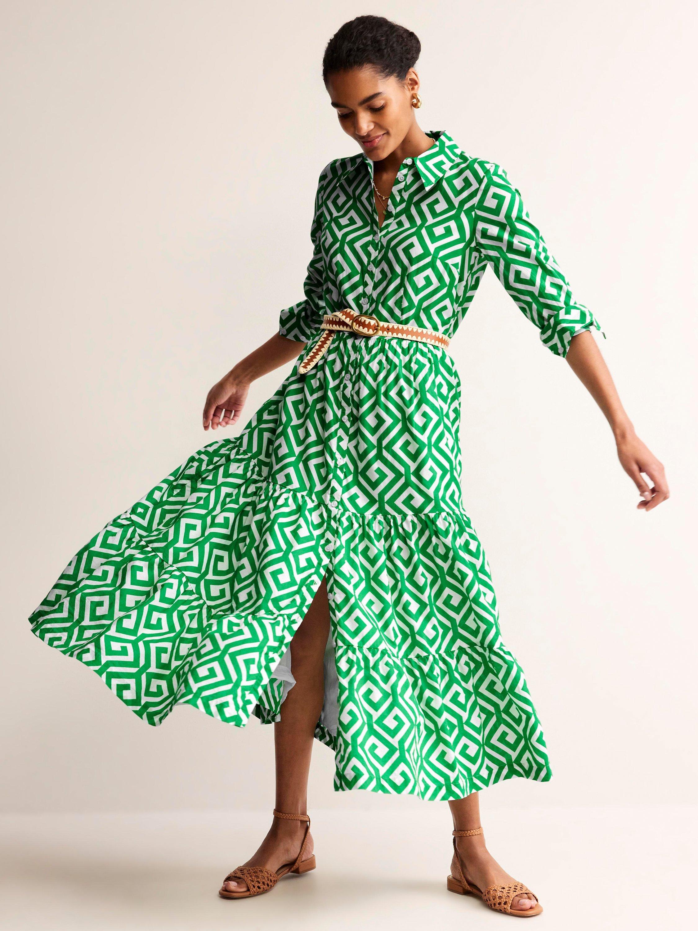 Boden Flo Maze Print Tiered Maxi Shirt Dress, Green/White, Green, Maze