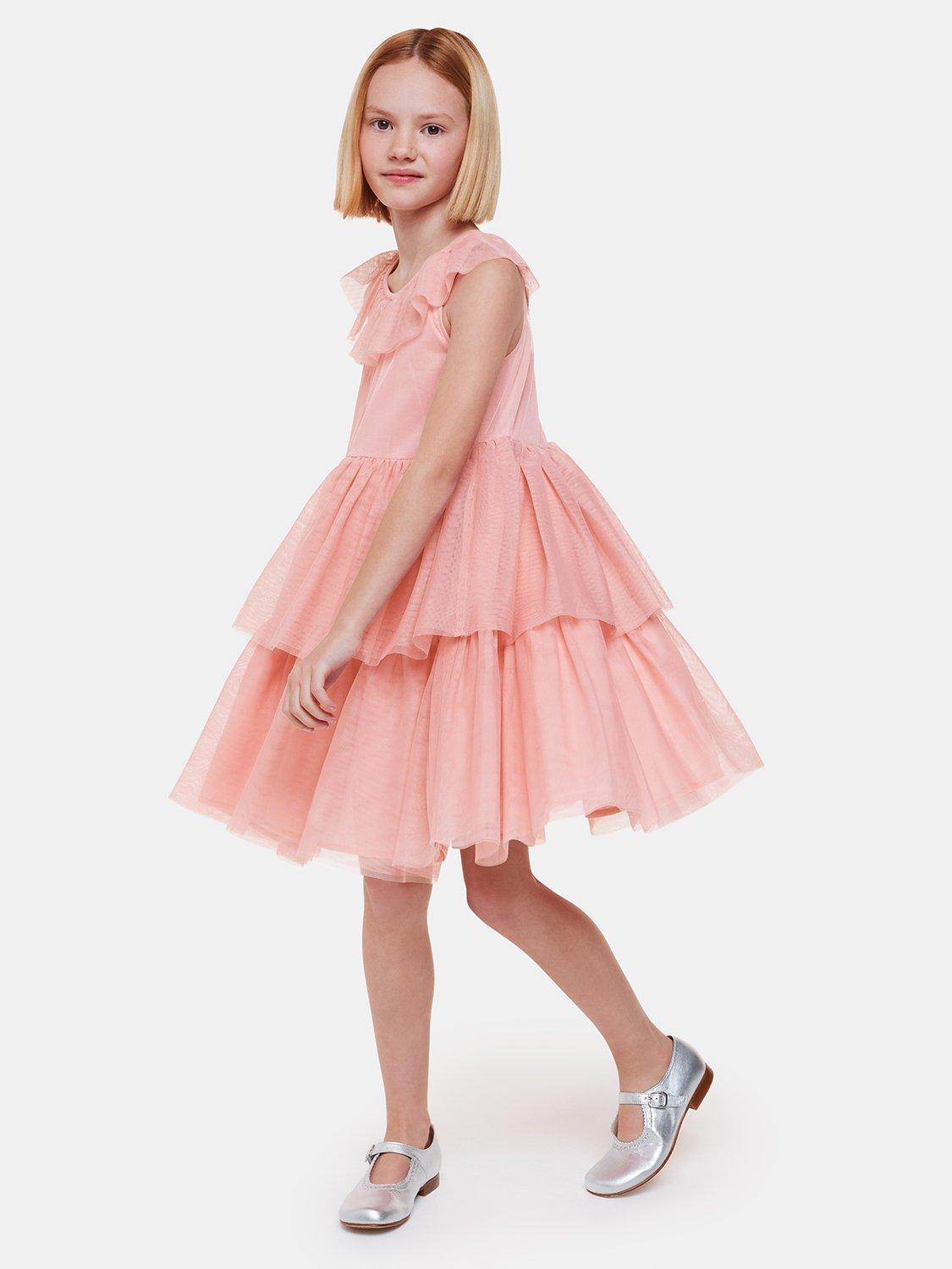Product image 1 of 6, which shows Whistles Kids' Tilda Tulle Frill Detail Dress, Dusty Pink, 4-5 years