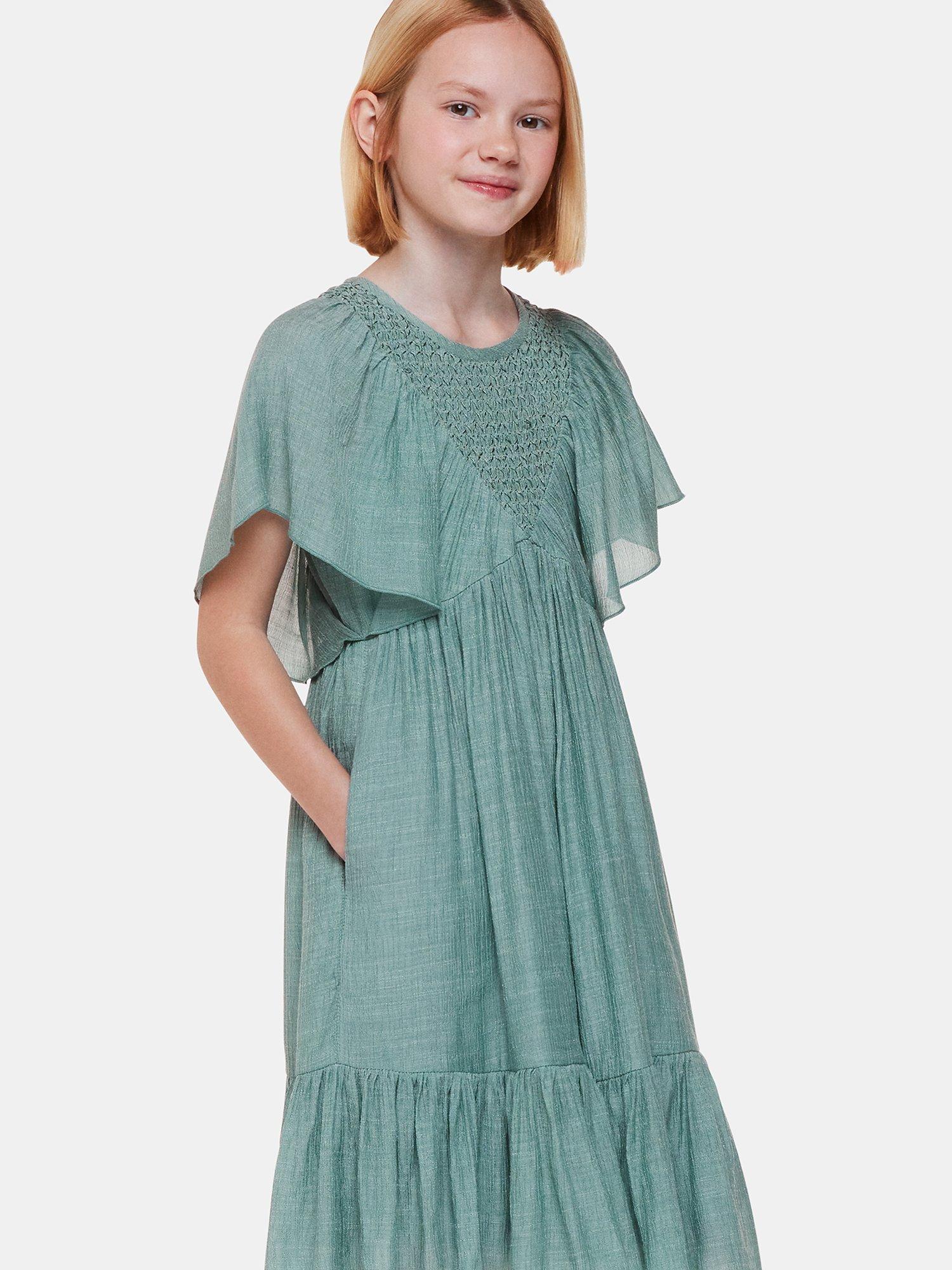 Product image 1 of 6, which shows Whistles Kids' Willa Smocked Dress, Sage Green, 4-5 years